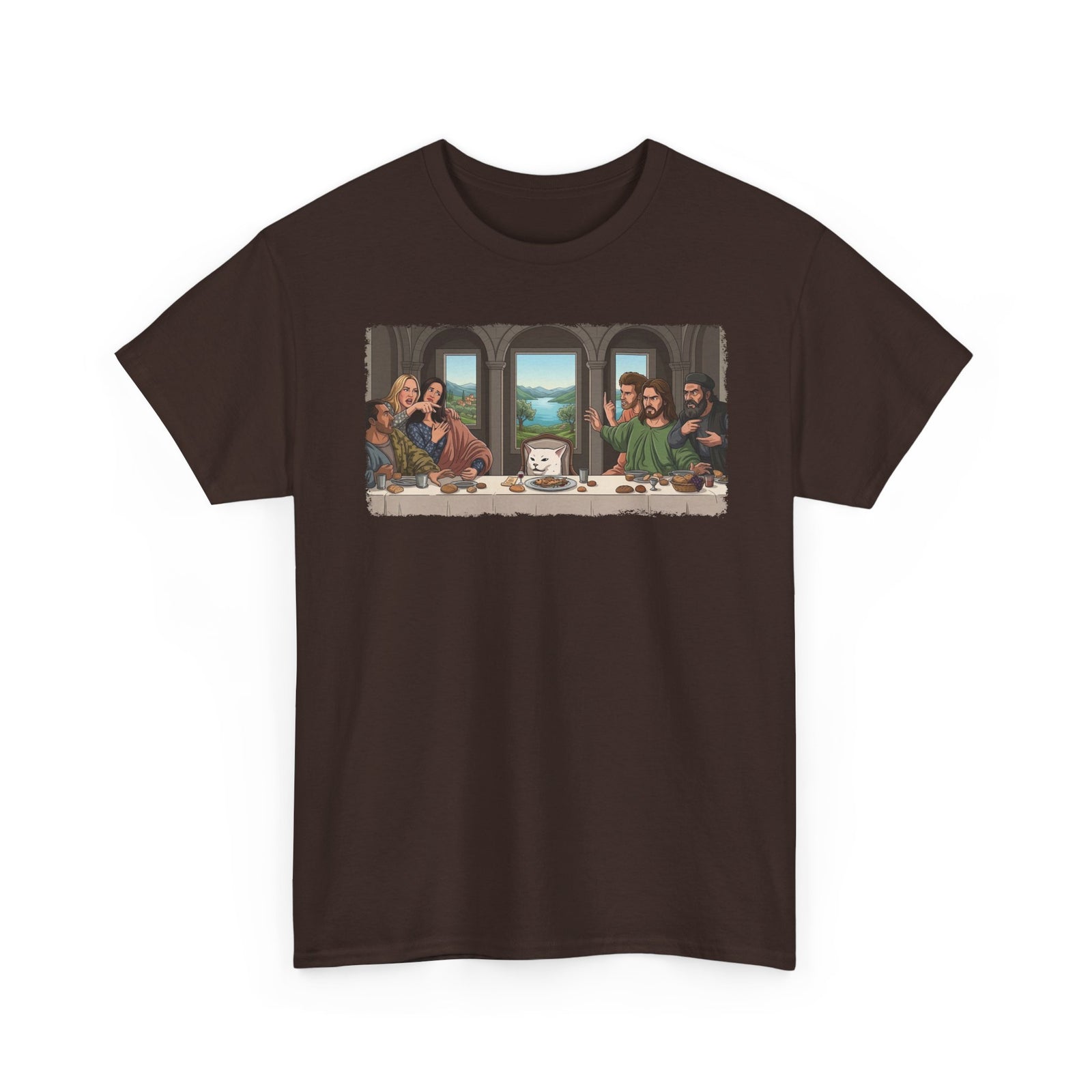 Last Supper x Woman Yelling at Cat Tee — Funny Religious Art Mashup T-Shirt