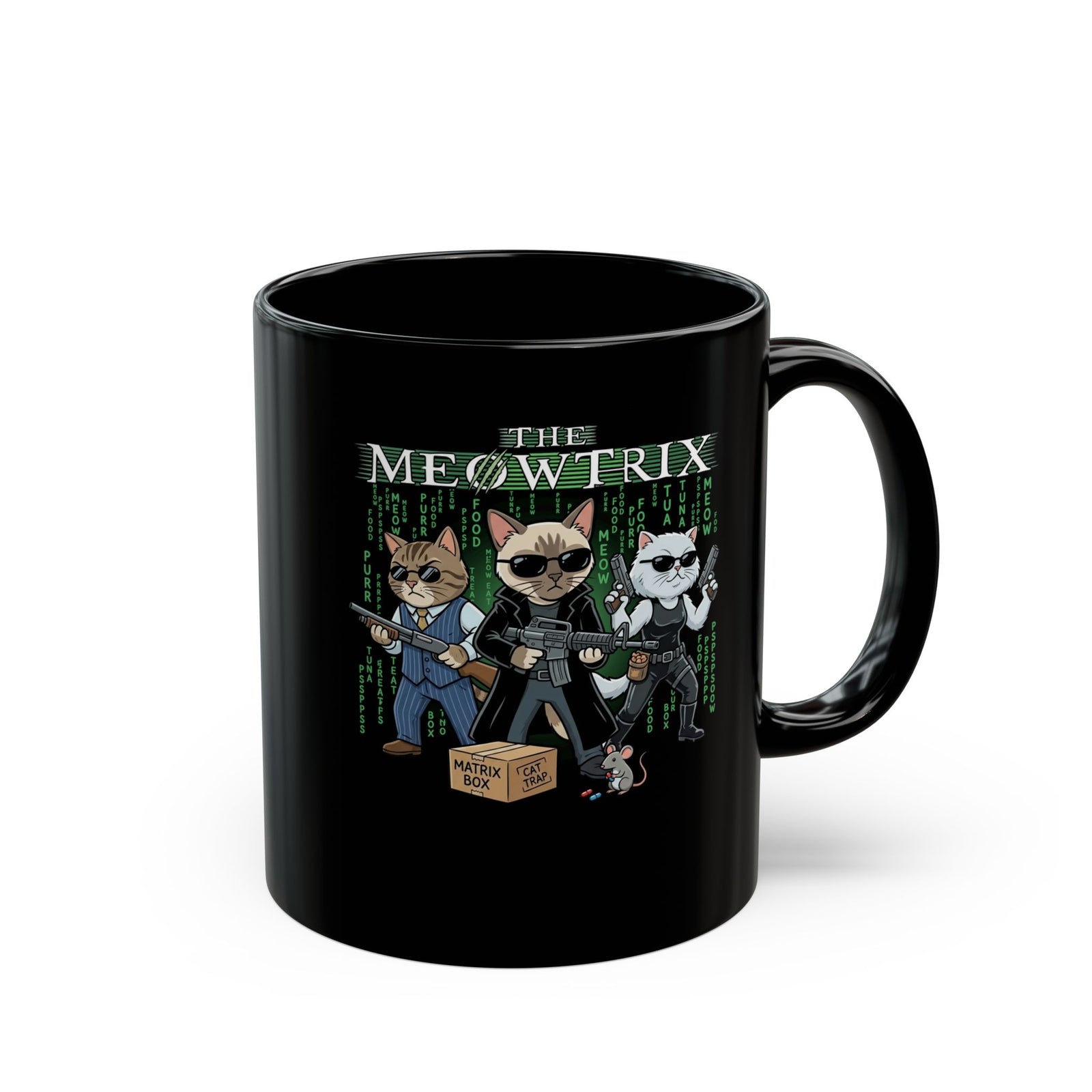 The Meowtrix Cat Movie Parody Black Mug