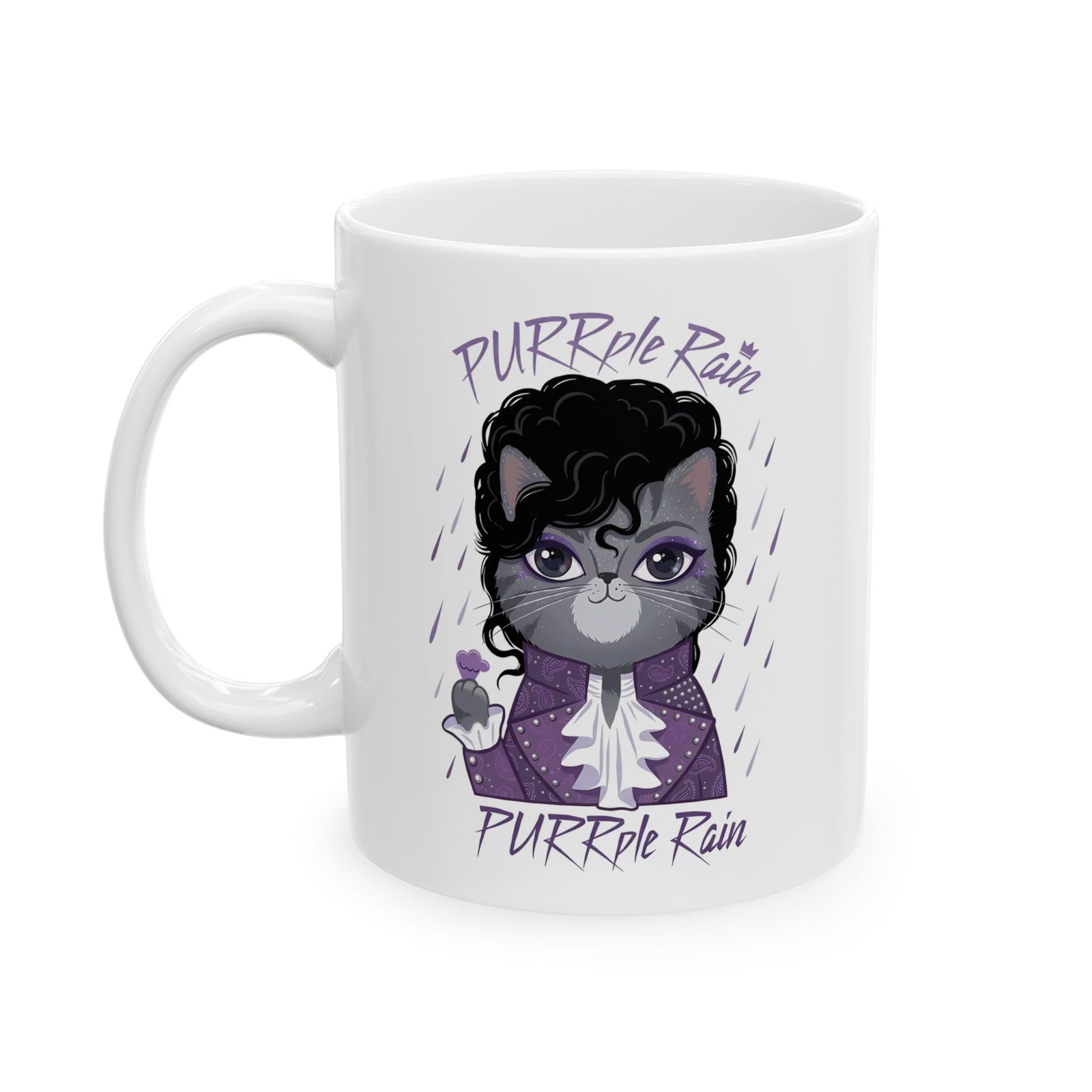 Purrple Rain Cat Parody Ceramic Mug — Cute Cat 'Purrple Rain' Graphic Mug
