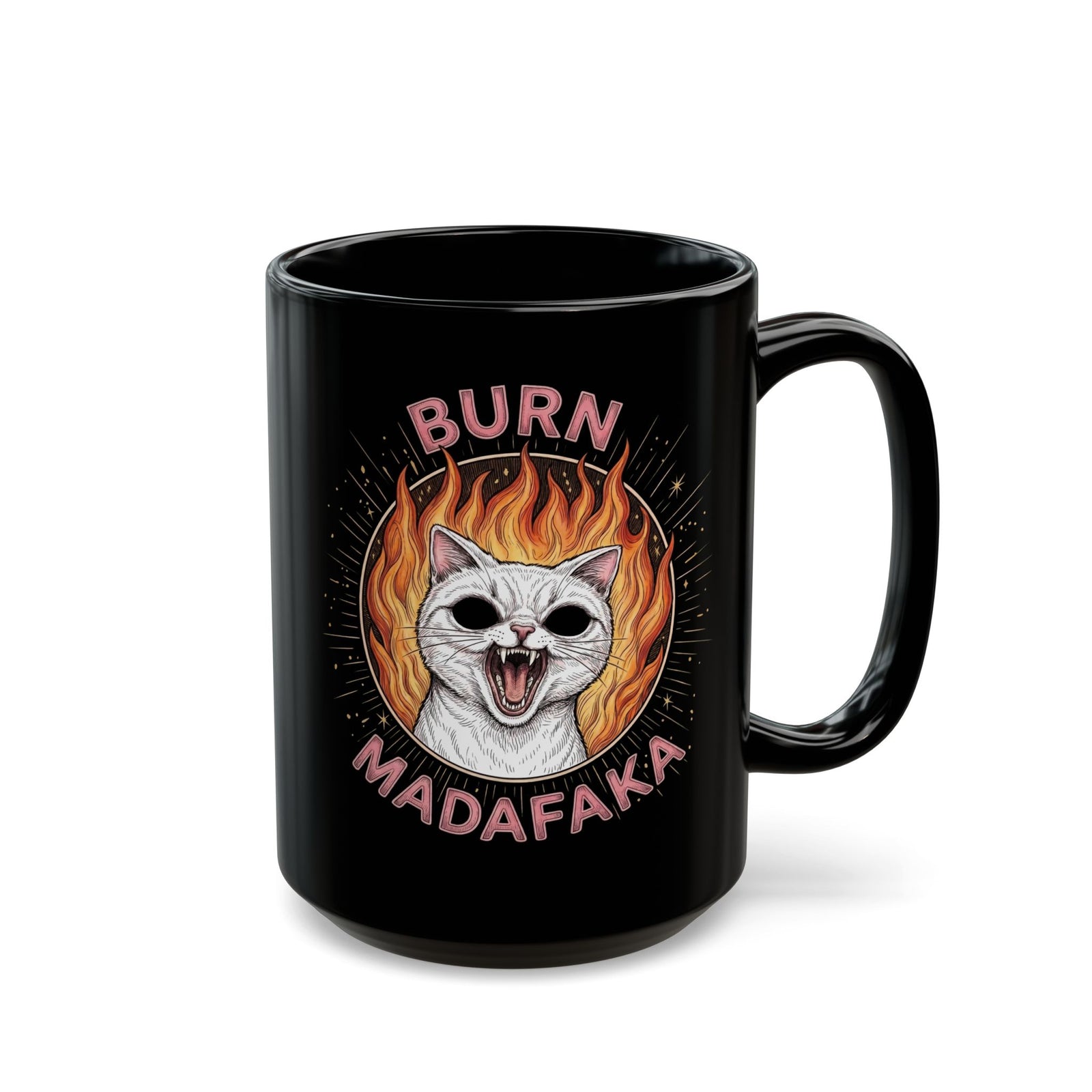 Burn Madafaka Cat Black Mug — Edgy Hellfire Feline Graphic Mug