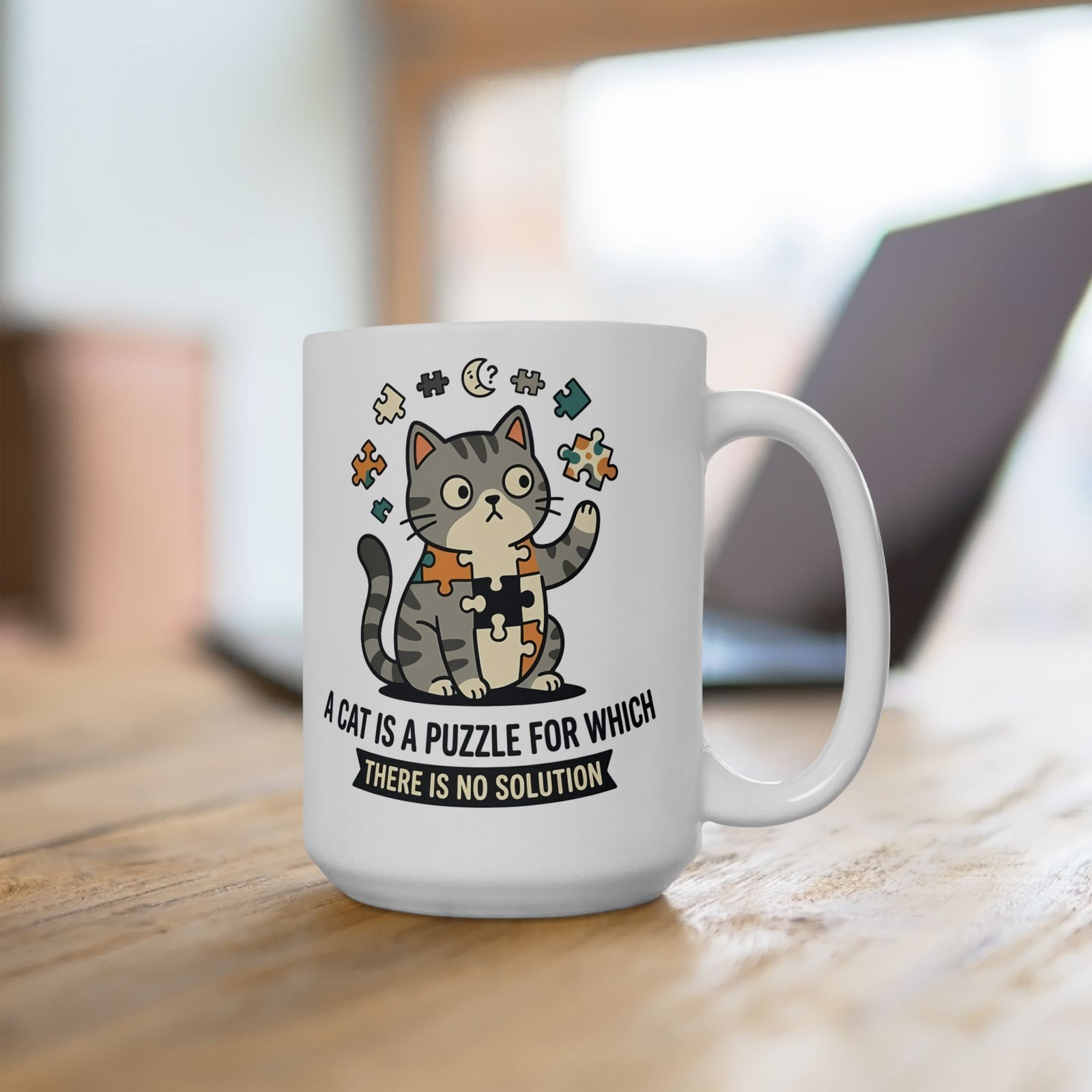 Cat Puzzle Ceramic Mug — "A Cat Is a Puzzle for Which There Is No Solution"