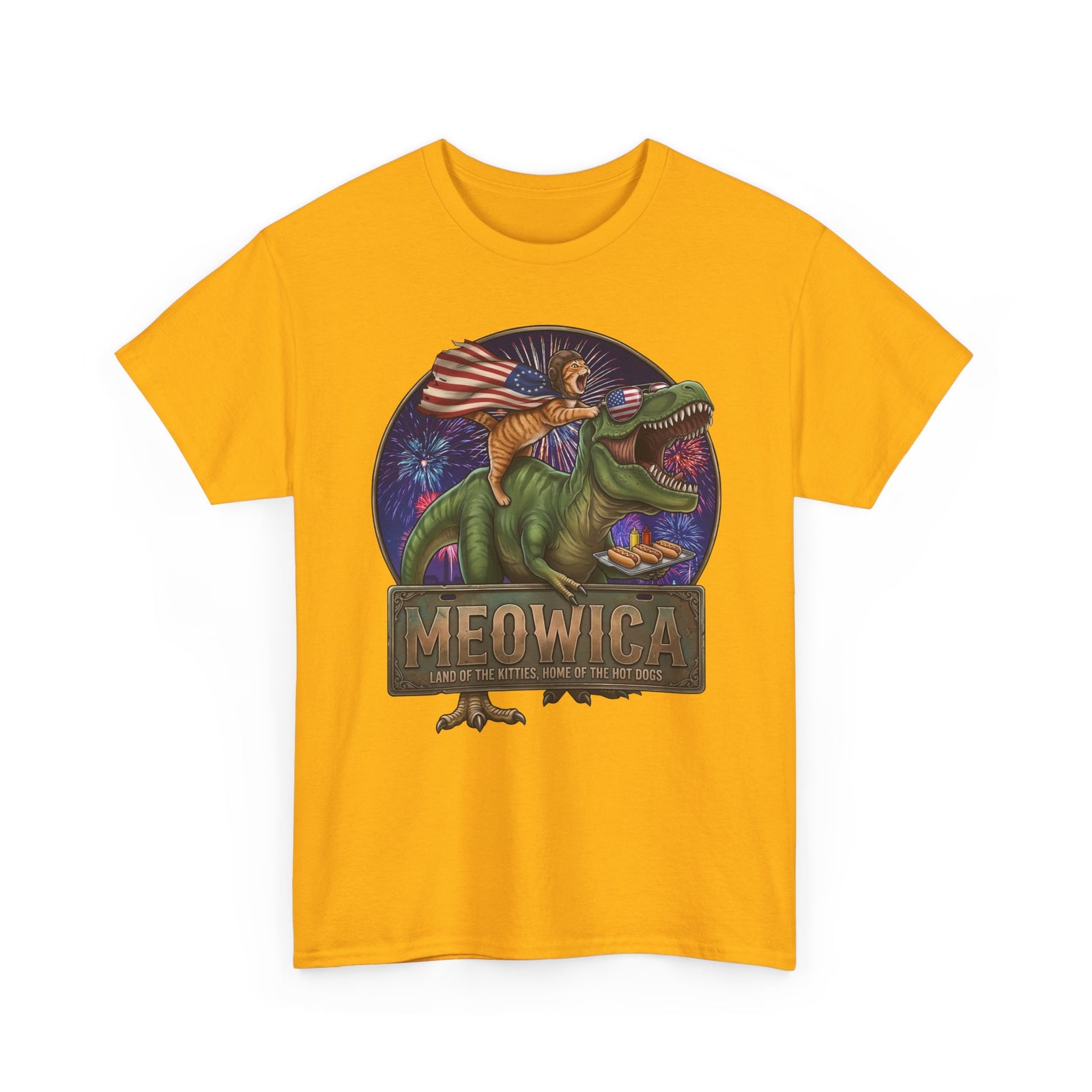 4th of July Cat Riding T‑Rex T‑Shirt "Meowica: Land of the Kitties" Patriotic Graphic