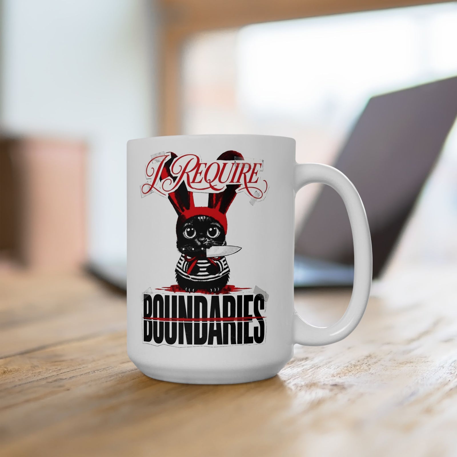 I Require Boundaries Ceramic Mug — Funny Creepy Cute Cat Knife Mug