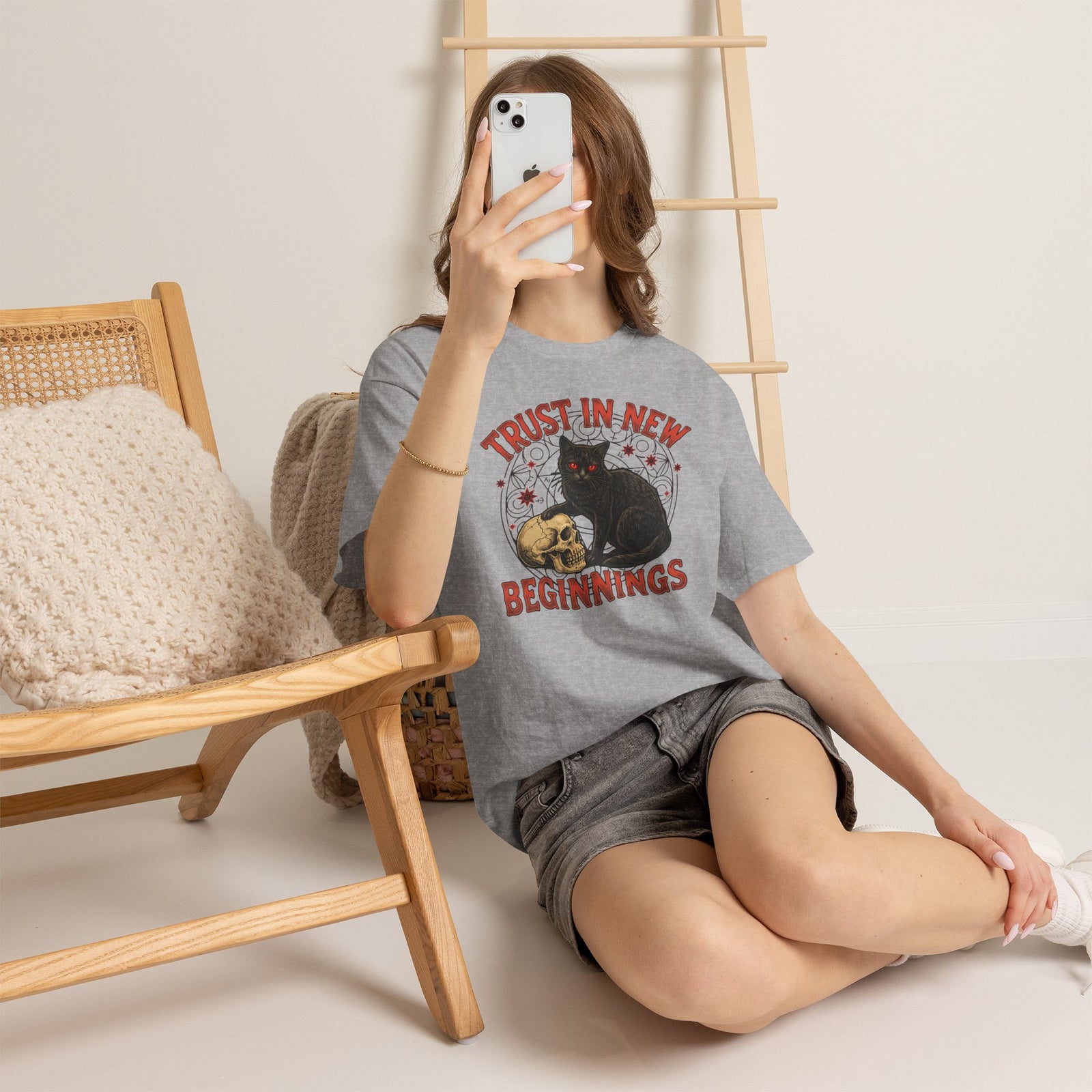 Trust In New Beginnings Cat T-Shirt — Occult Black Cat Skull Gothic Tee