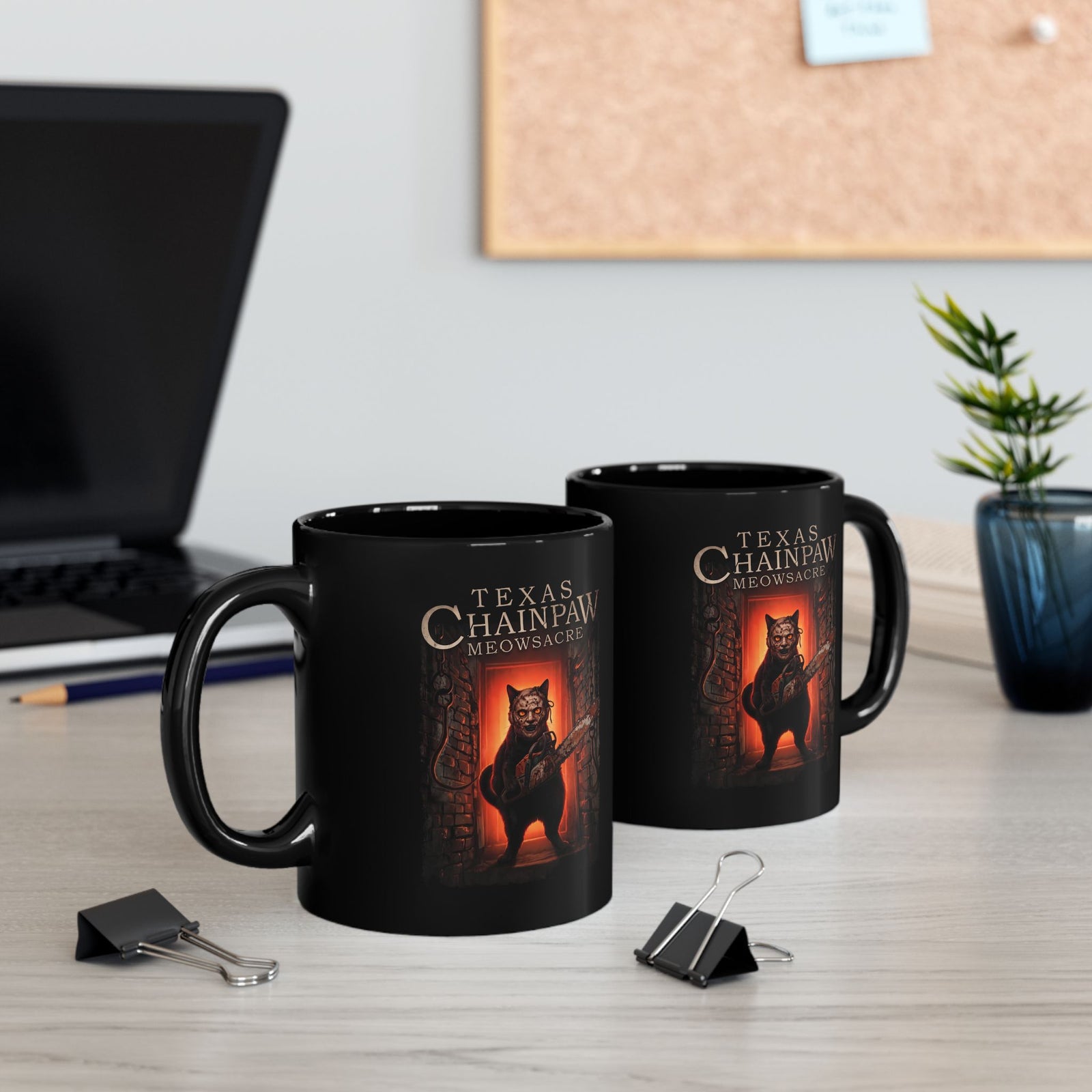 Texas Chainpaw Meowsacre Black Mug — Funny Horror Black Cat Parody Mug