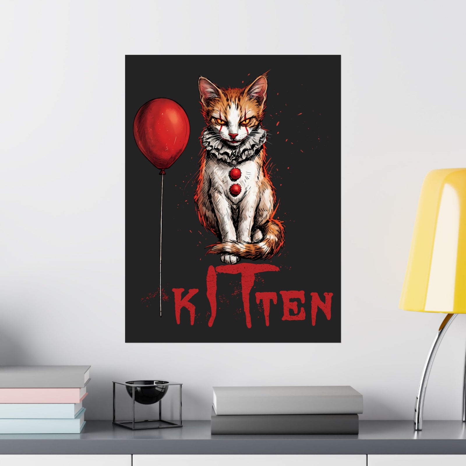 KITTEN Horror Clown Poster — Spooky Orange Tabby Clown Cosplay Wall Art