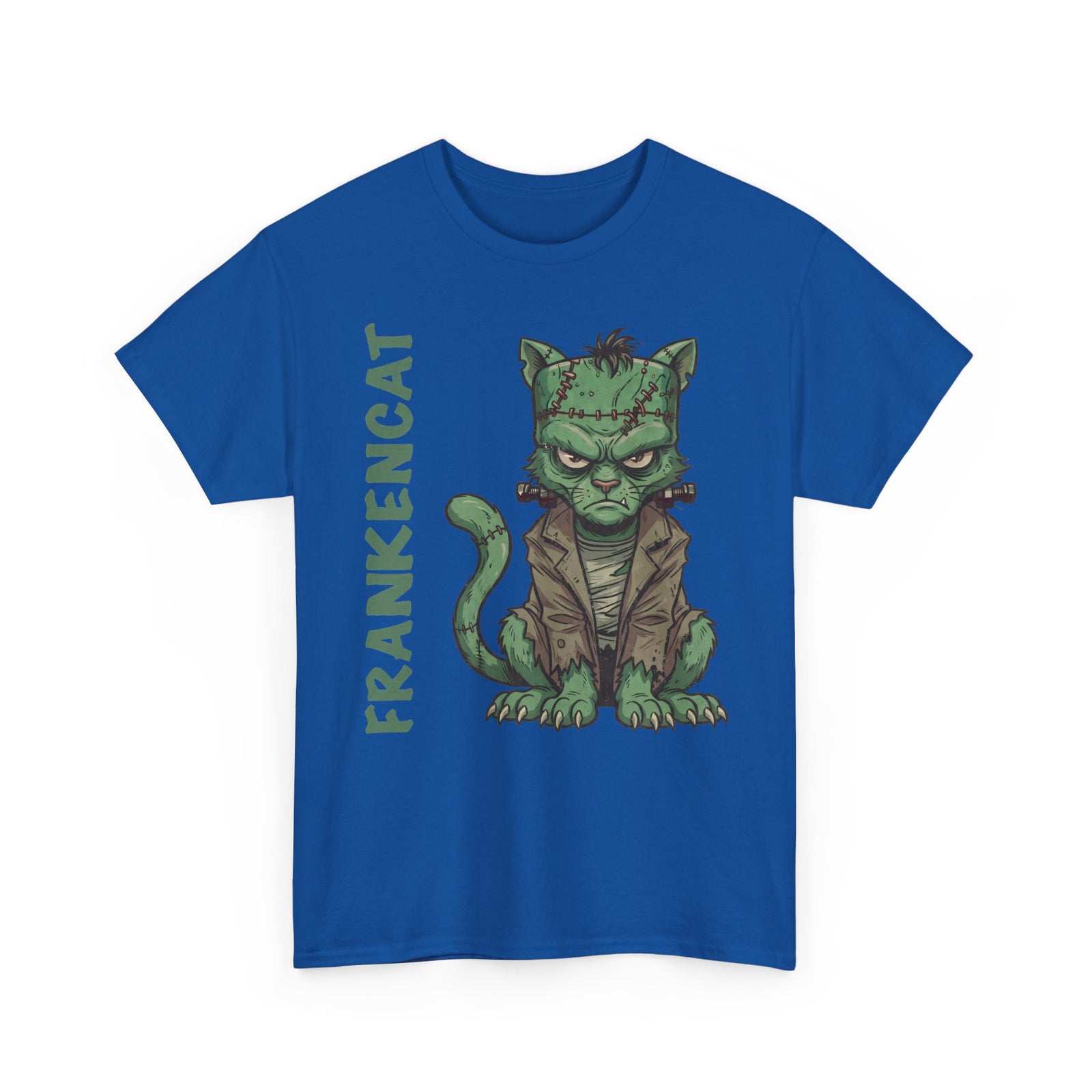 Funny Frankencat Halloween T-Shirt — Green Monster Cat Graphic Apparel