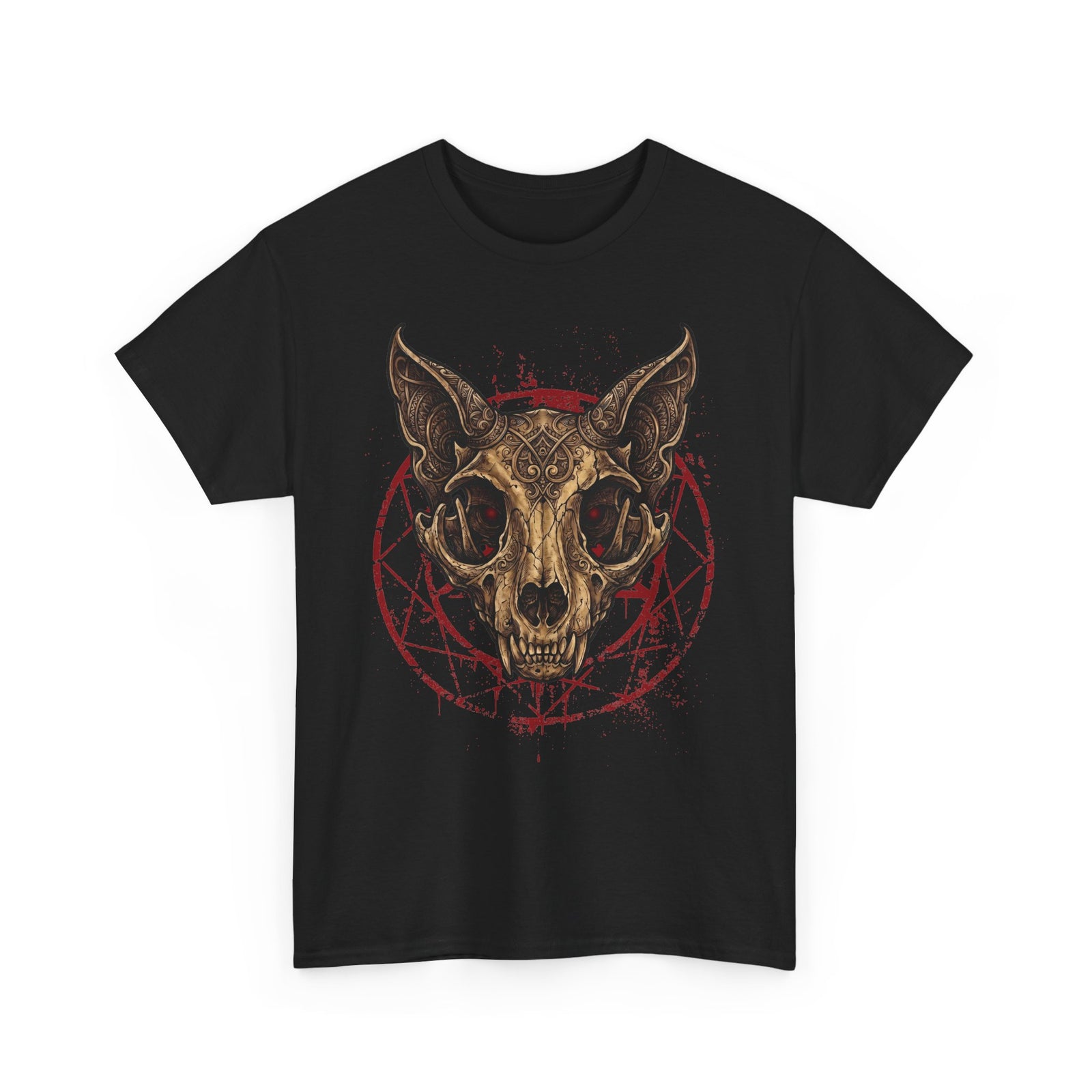 Gothic Ornate Cat Skull Red Pentagram Shirt — Dark Occult Feline T-Shirt