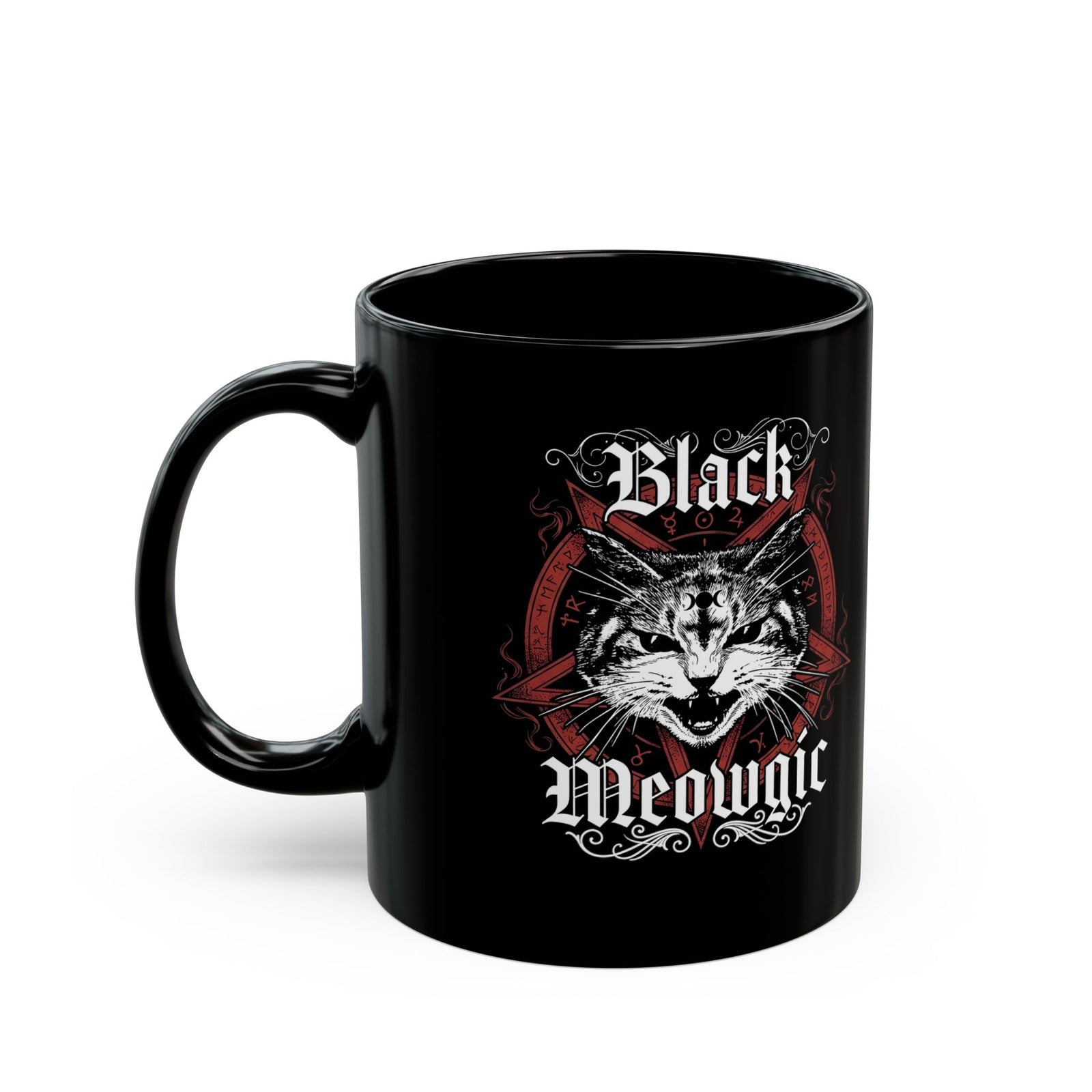Black Meowgic Black Mug — Cute Cat Magic Graphic Mug