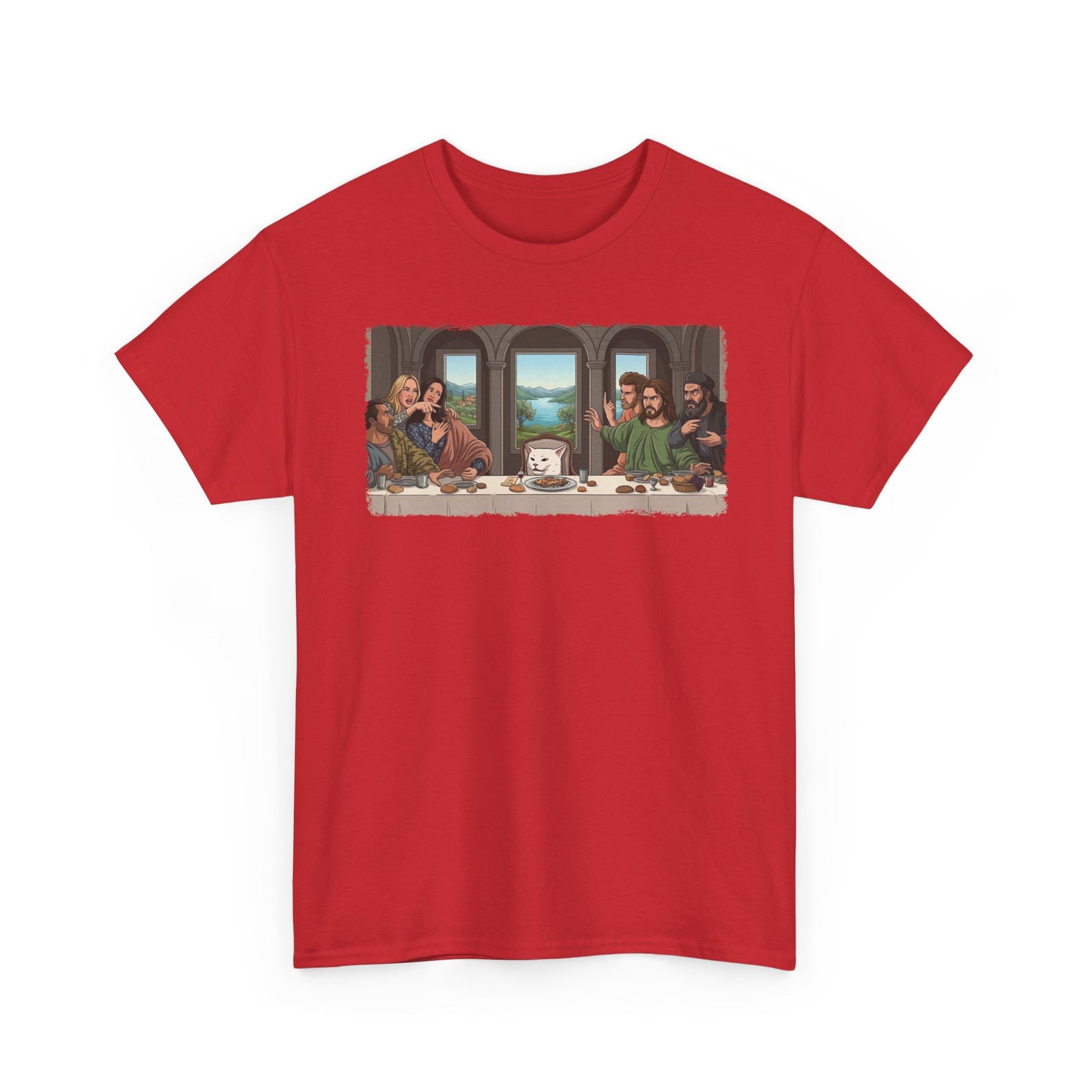 Last Supper x Woman Yelling at Cat Tee — Funny Religious Art Mashup T-Shirt