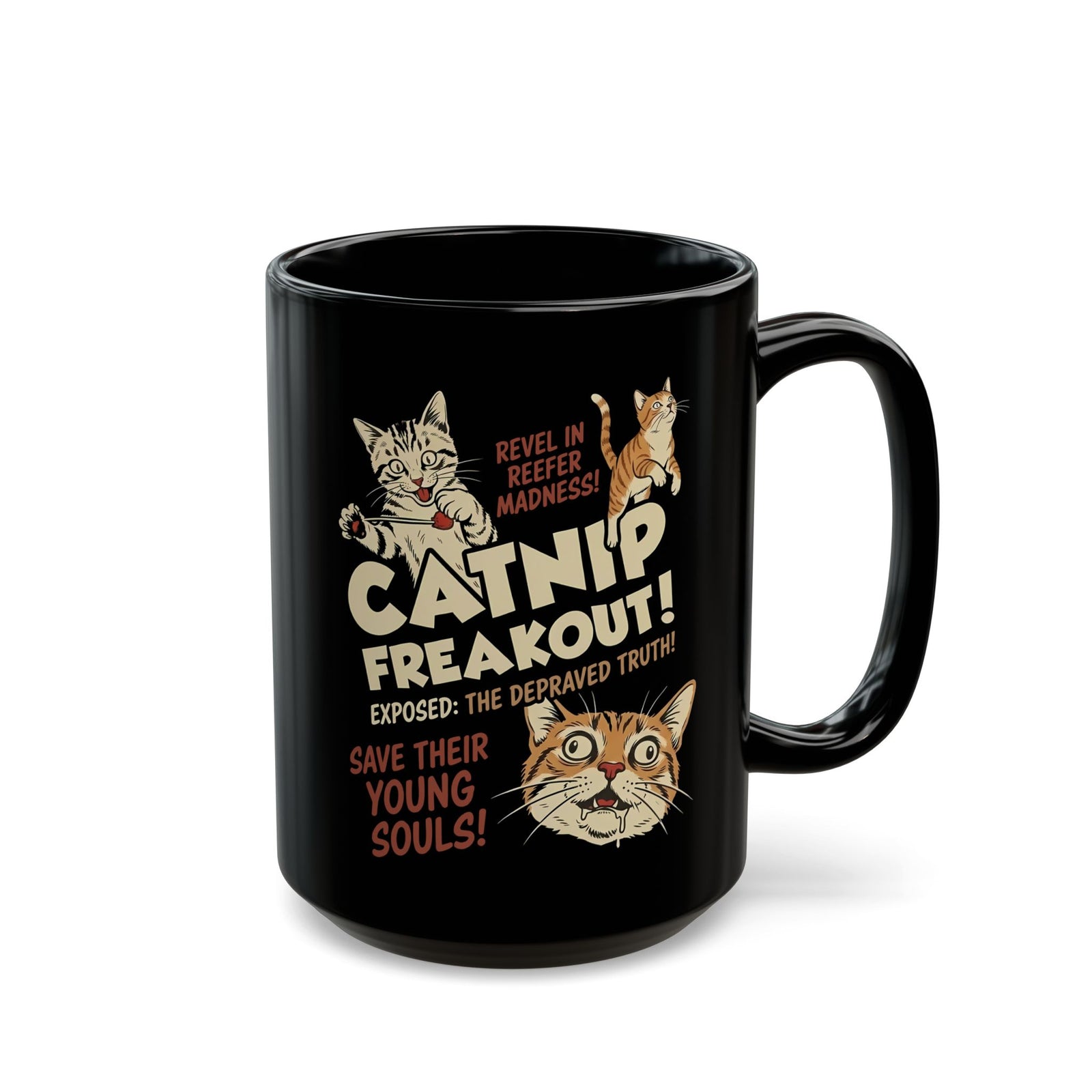 Catnip Freakout Black Mug — Funny Cat Lover Mug