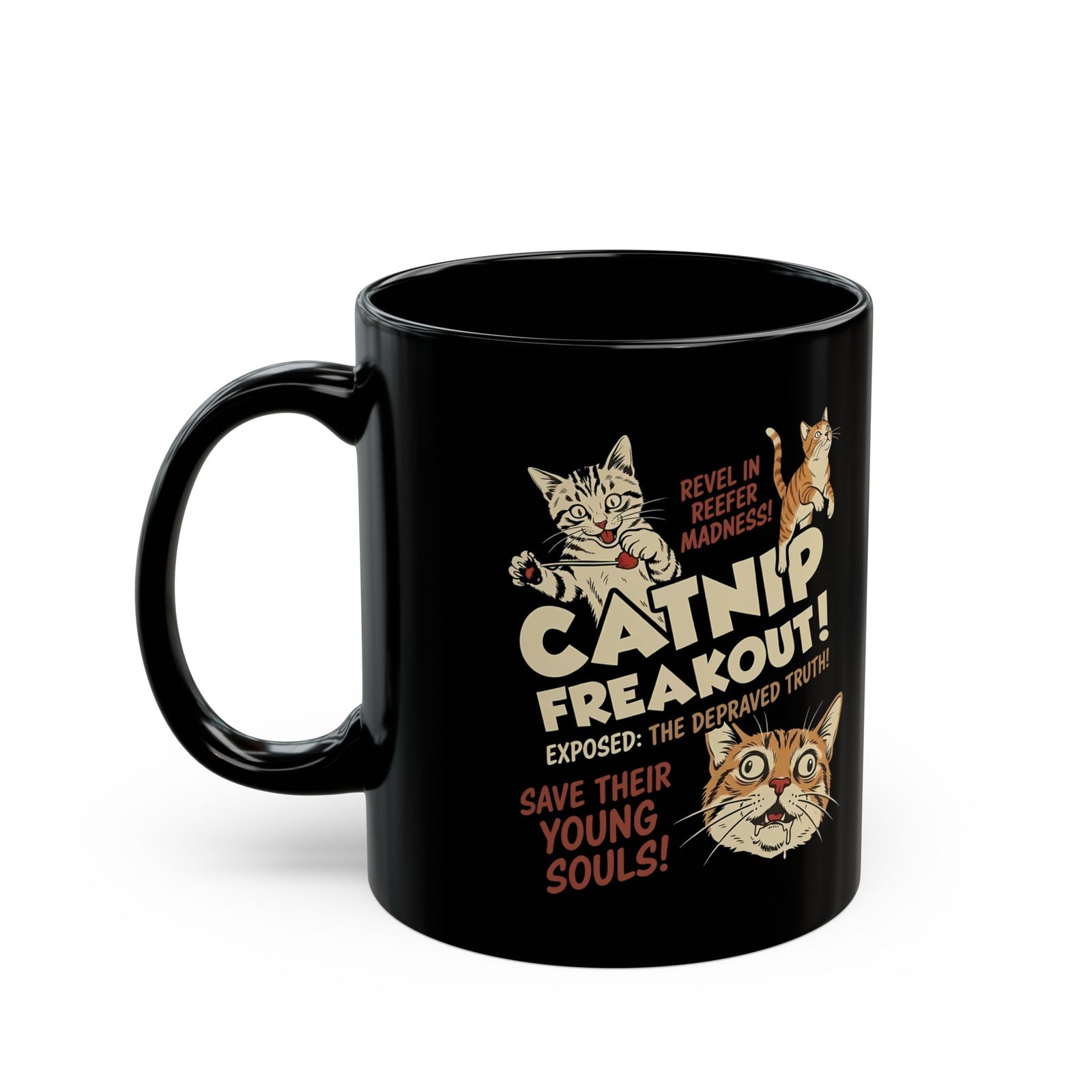 Catnip Freakout Black Mug — Funny Cat Lover Mug
