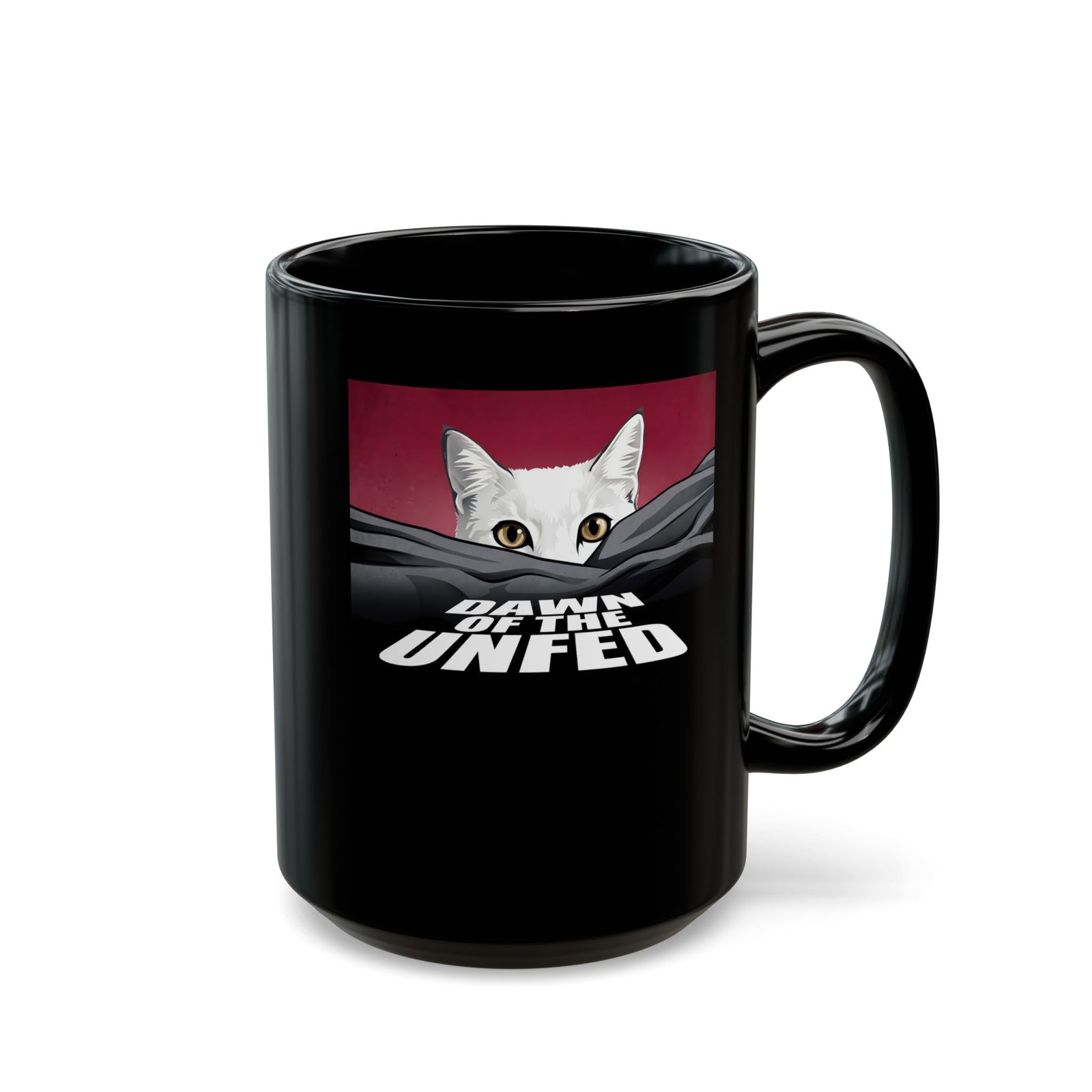 Dawn of the Unfed Black Mug — Funny White Cat Horror Movie Parody Mug