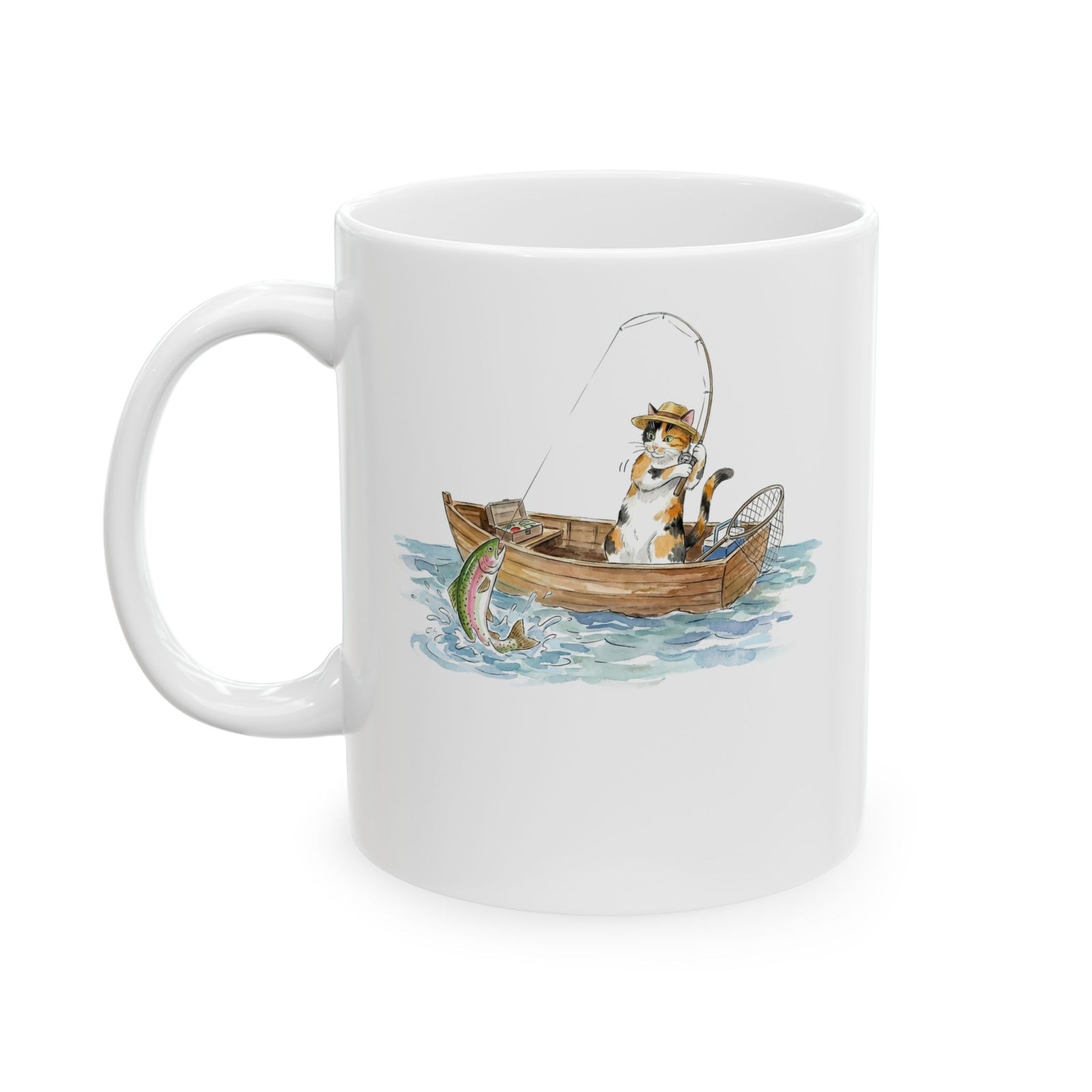Cat Fishing Ceramic Mug — Funny Fishing Cat Graphic Mug