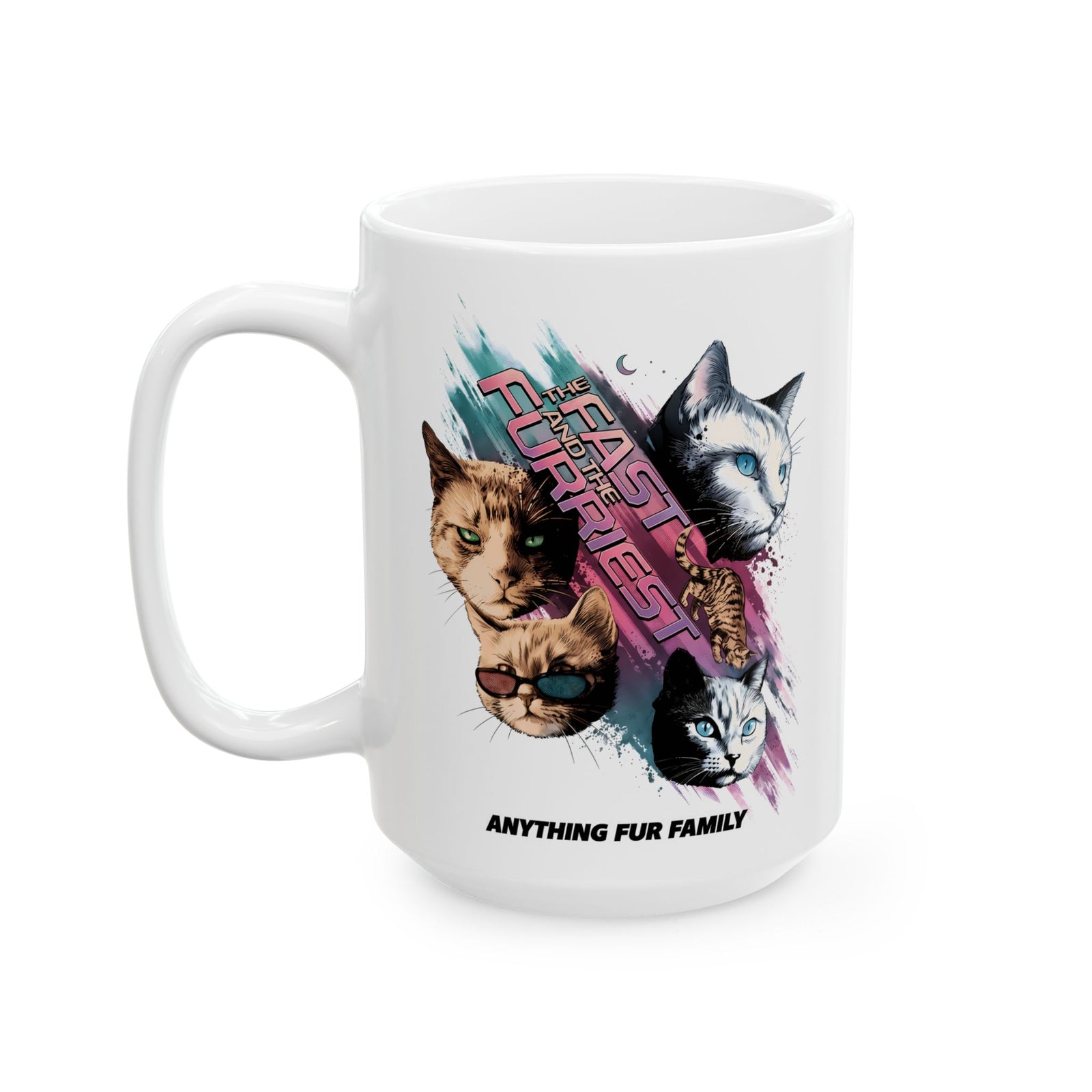 The Fast And The Furriest Ceramic Mug — Funny Cat Action Movie Parody Mug