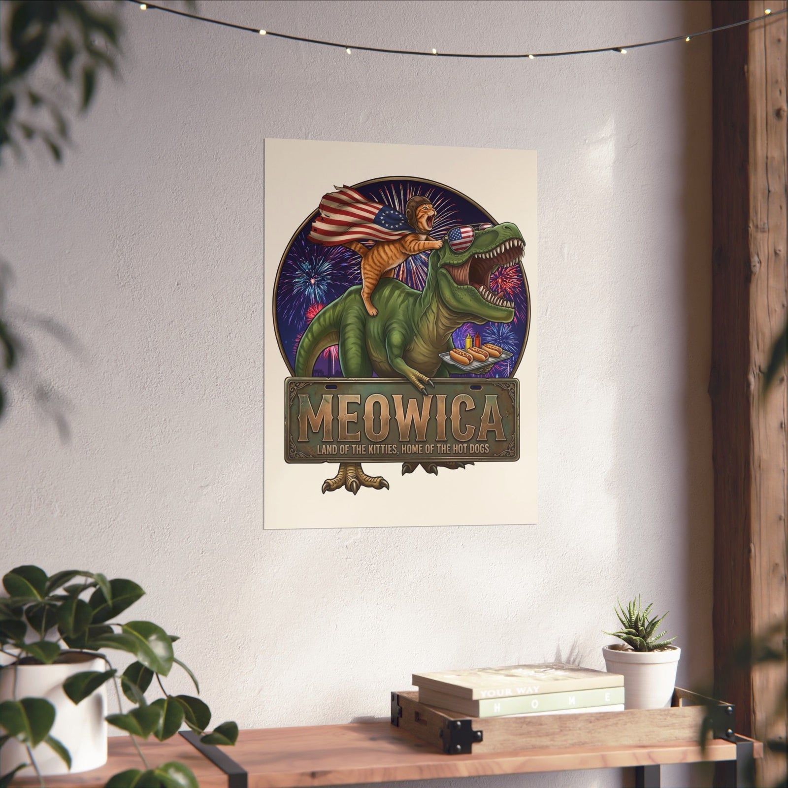 4th of July Cat Riding T‑Rex T‑Poster "Meowica: Land of the Kitties" Patriotic Graphic