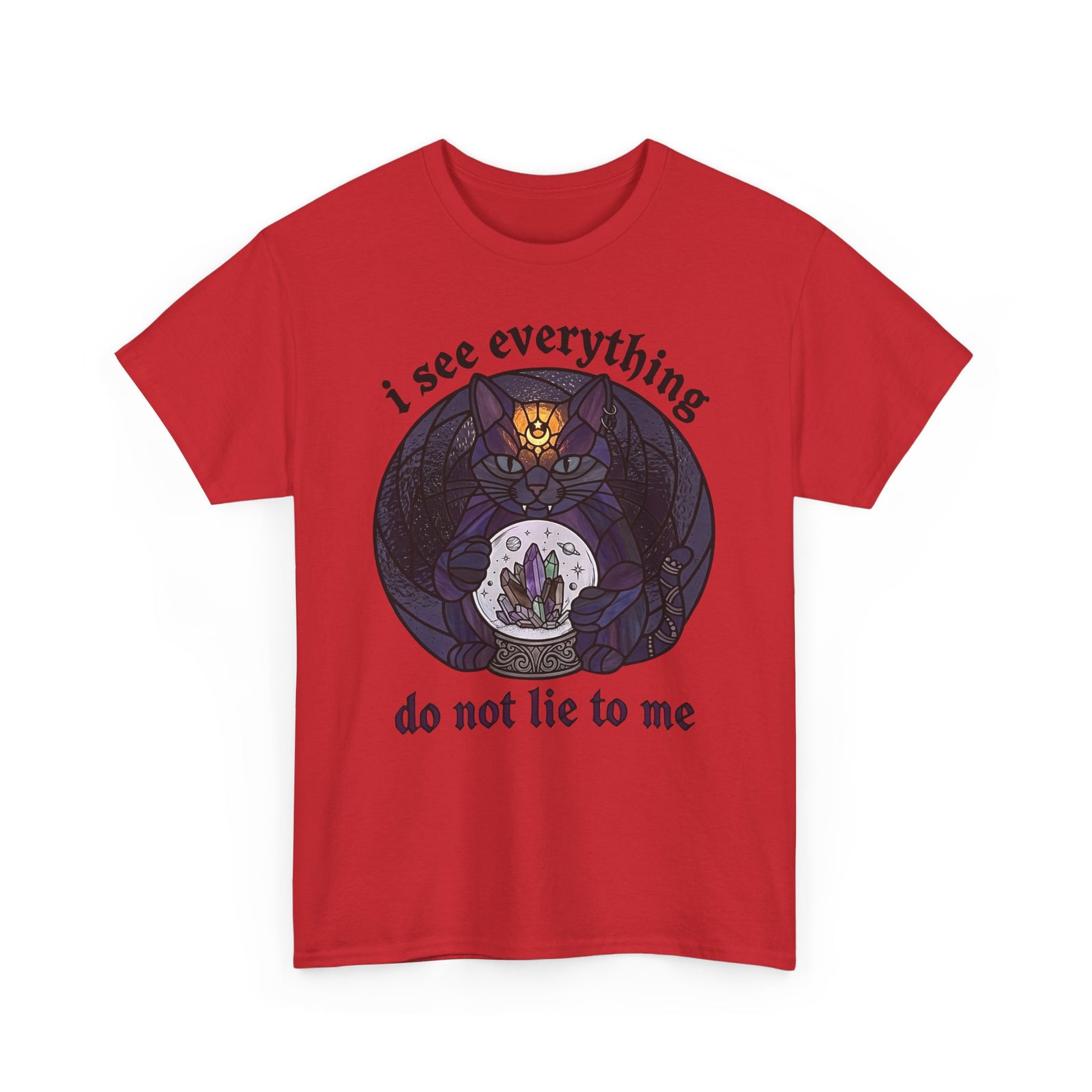 Mystic Fortune Teller Cat T-Shirt "I See Everything" Stained Glass Spiritual Kitten