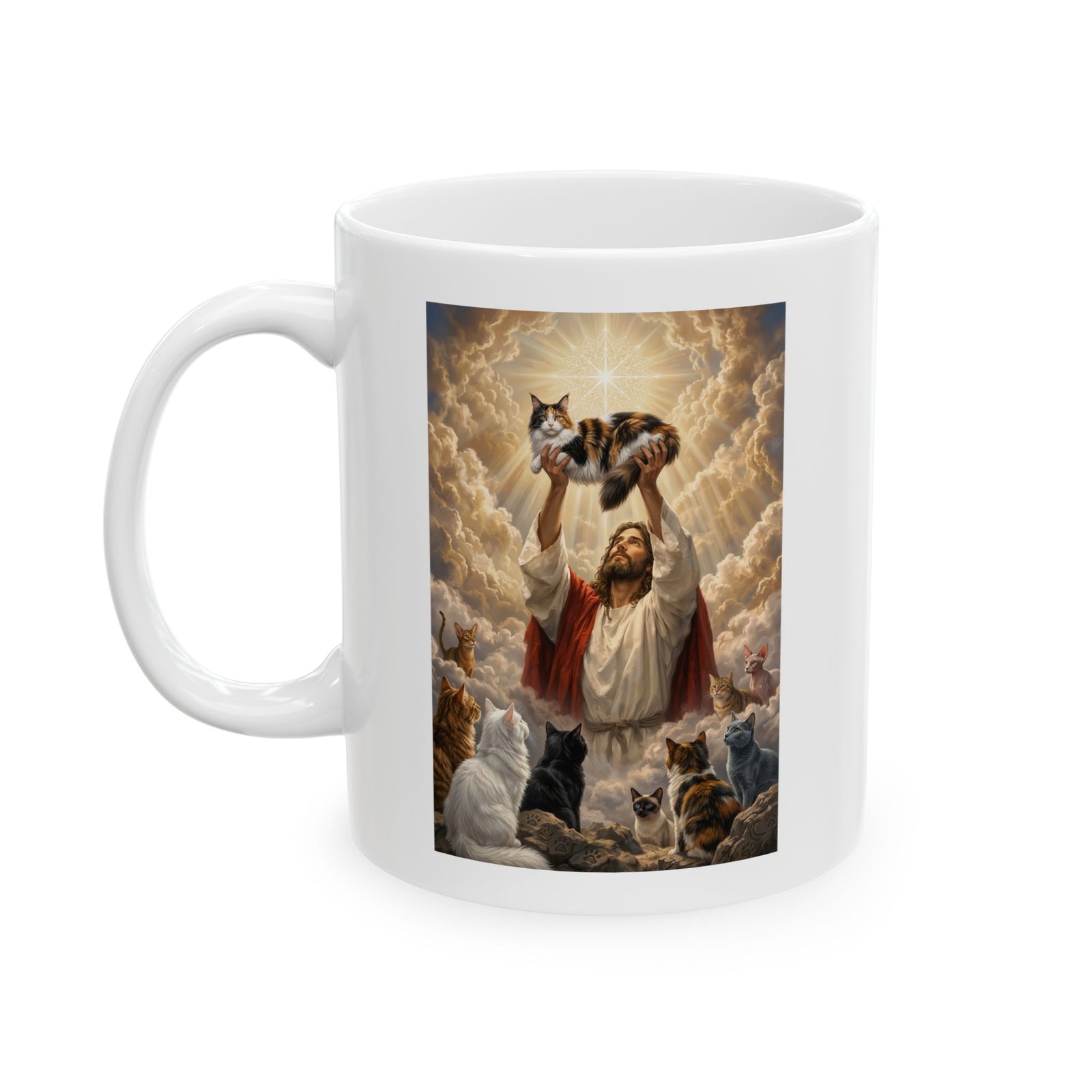 Jesus With Cats Ceramic Mug — Christian Cat Lover Mug
