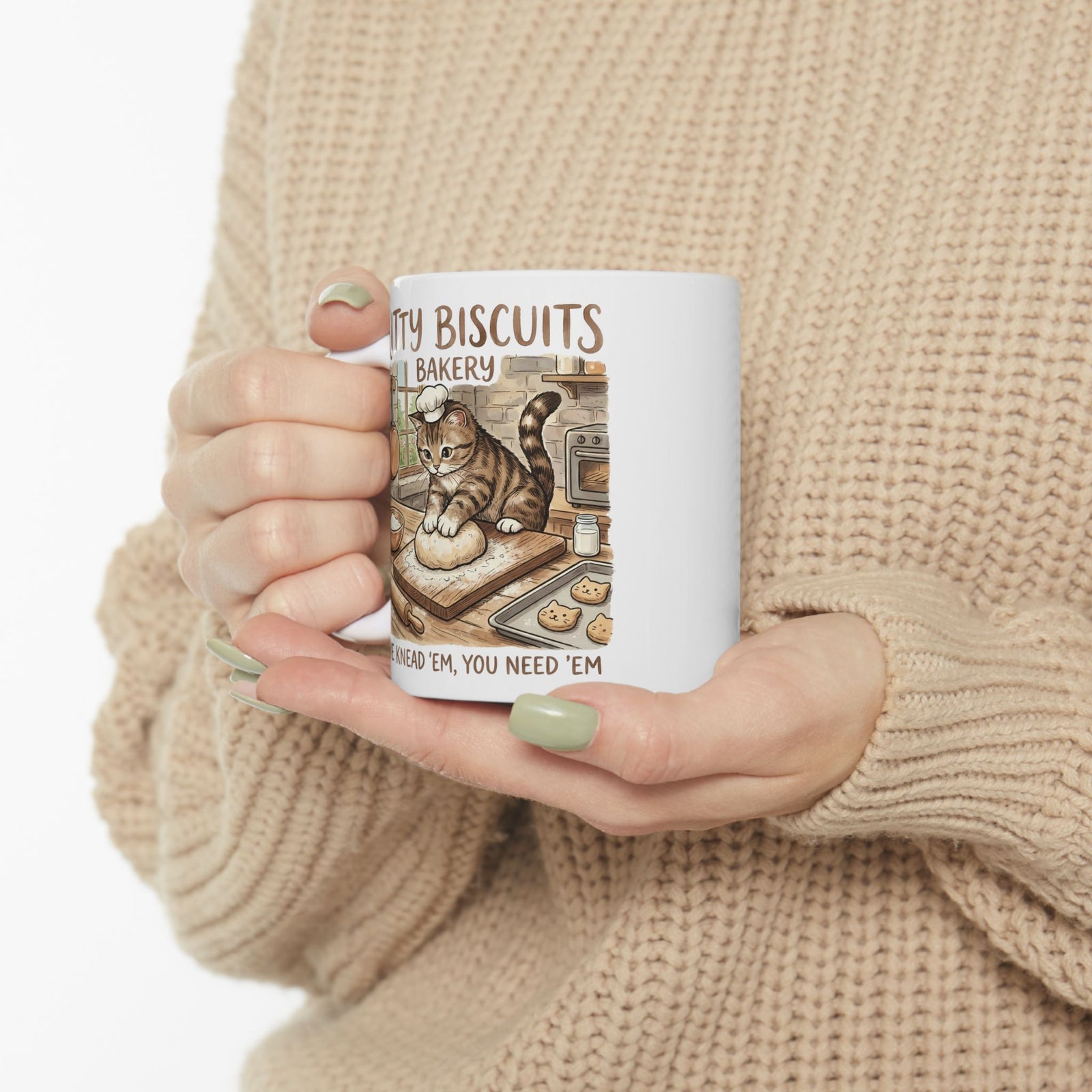 Kitty Biscuits Bakery Ceramic Mug — "We Knead 'Em We Need 'Em" Cat Bakery Mug