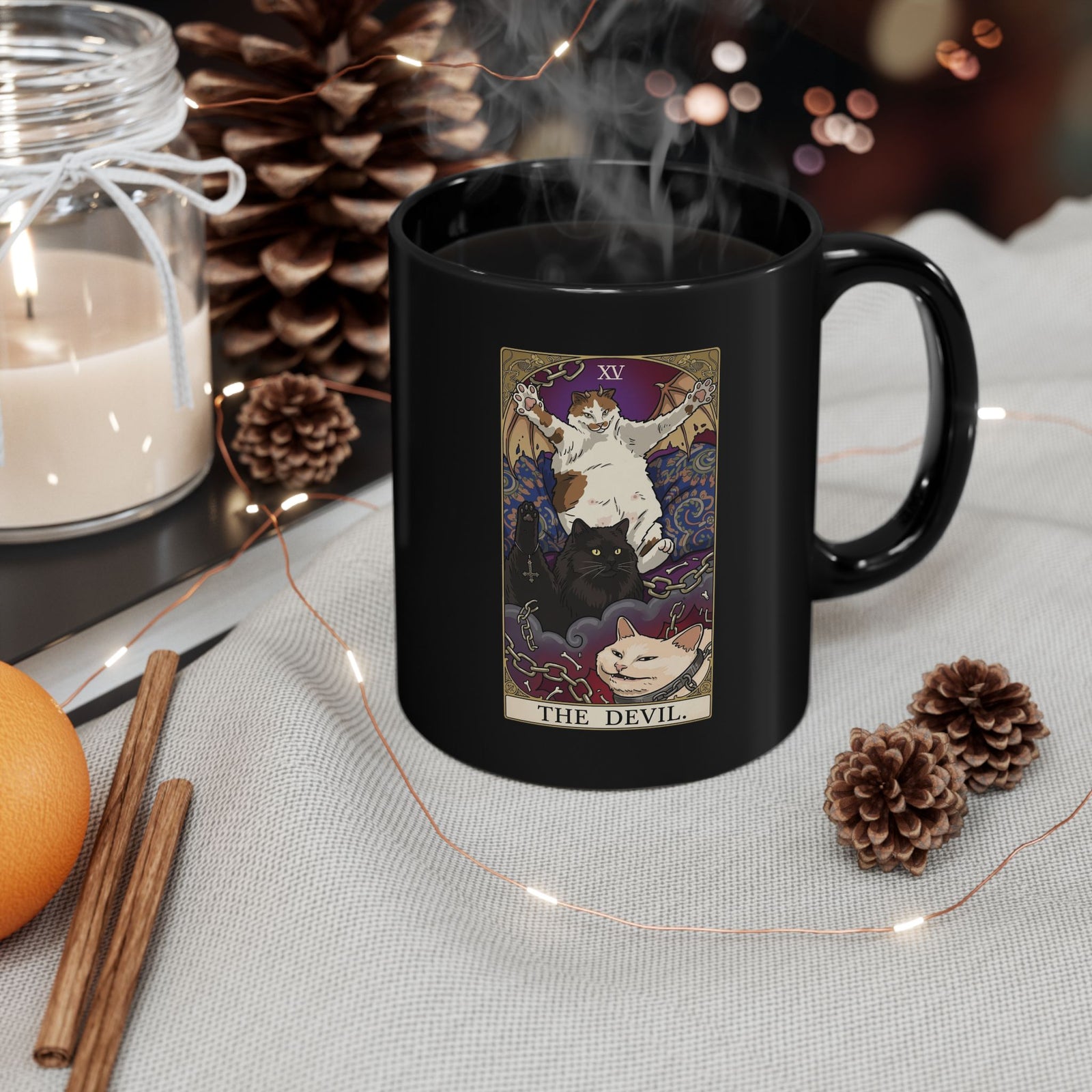 The Devil Cats Tarot Black Mug — Mystical Cat Tarot Illustration