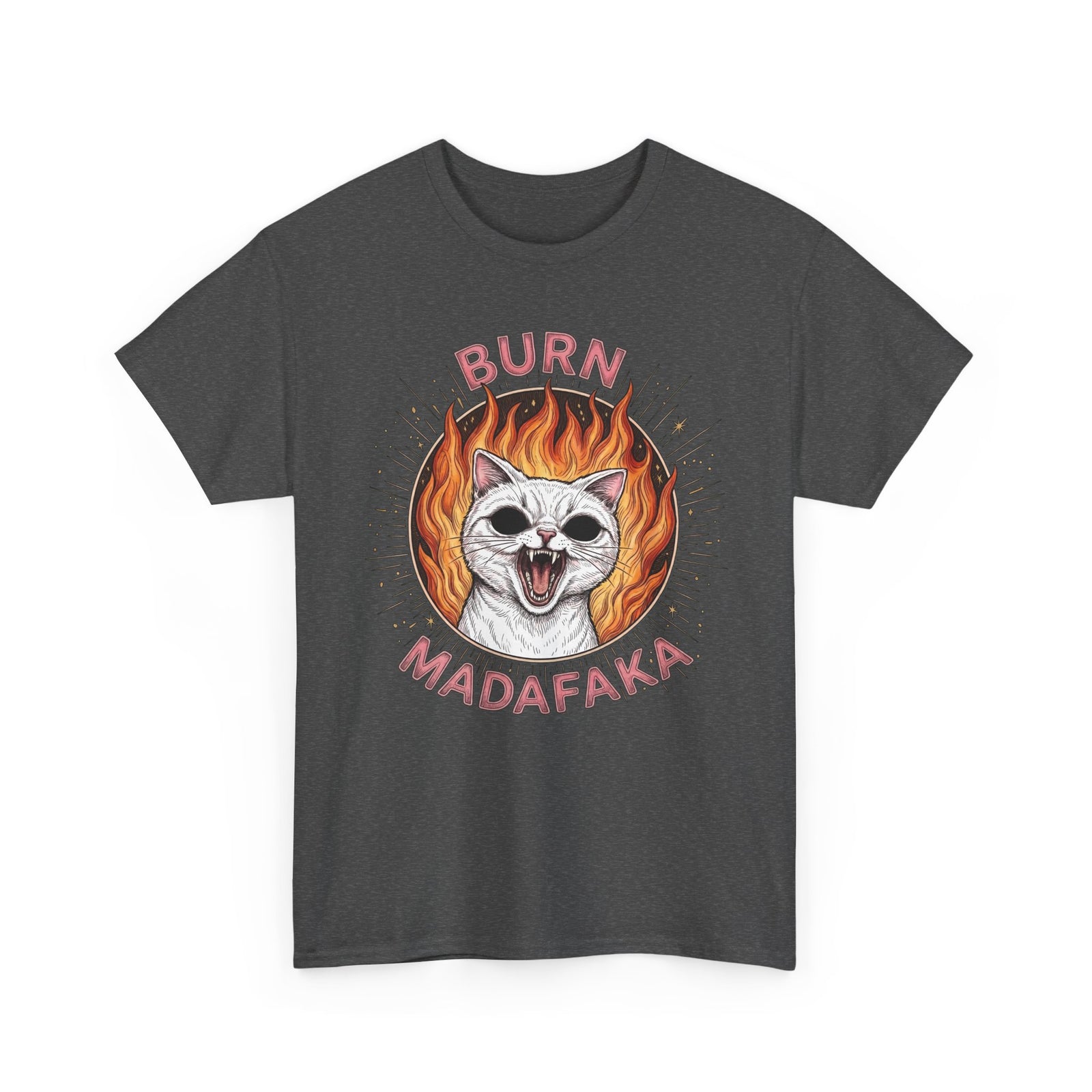 Burn Madafaka Cat T-Shirt — Edgy Hellfire Feline Graphic Tee