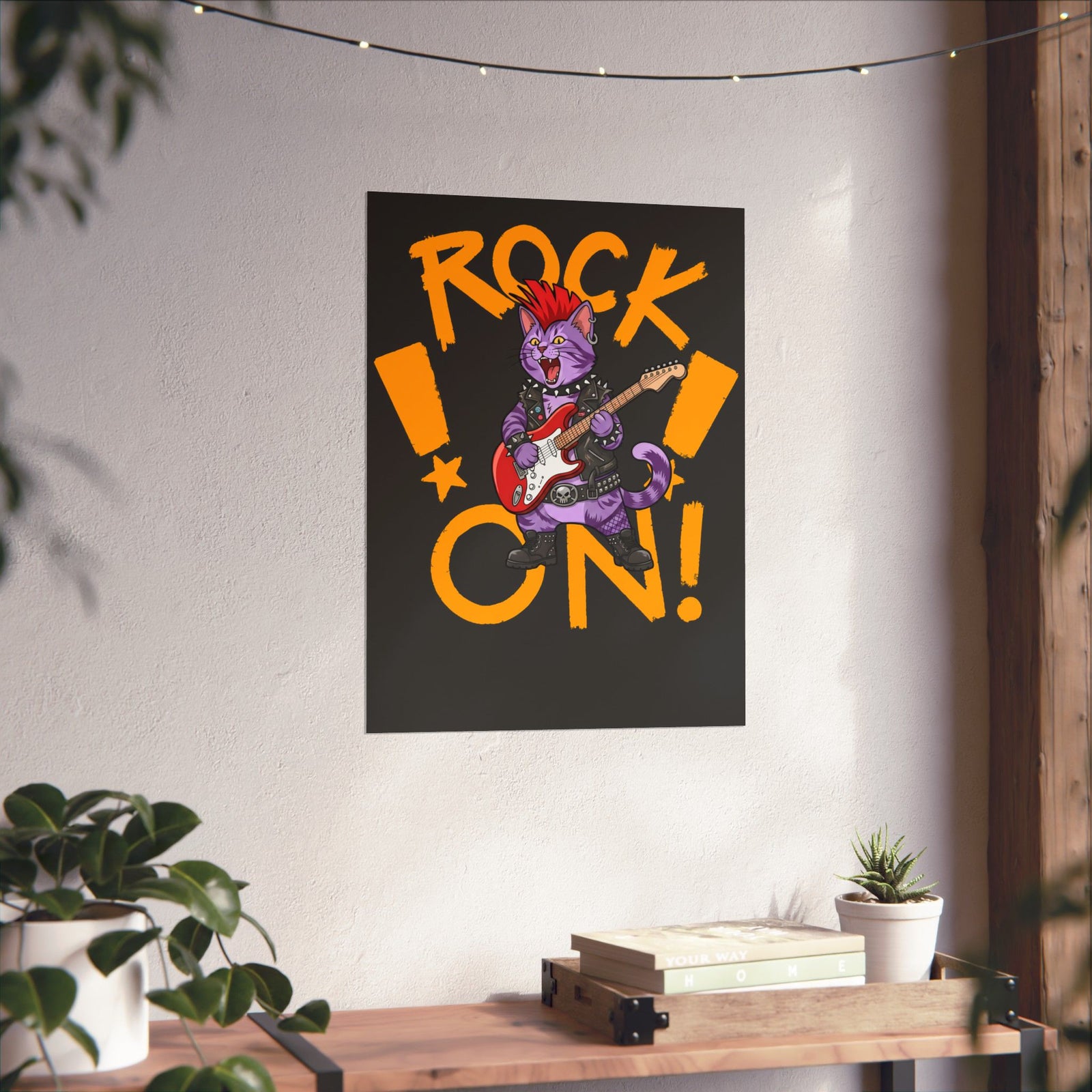 Rock On Punk Rock Cat Poster — Purple Feline Mohawk Electric Guitar Poster