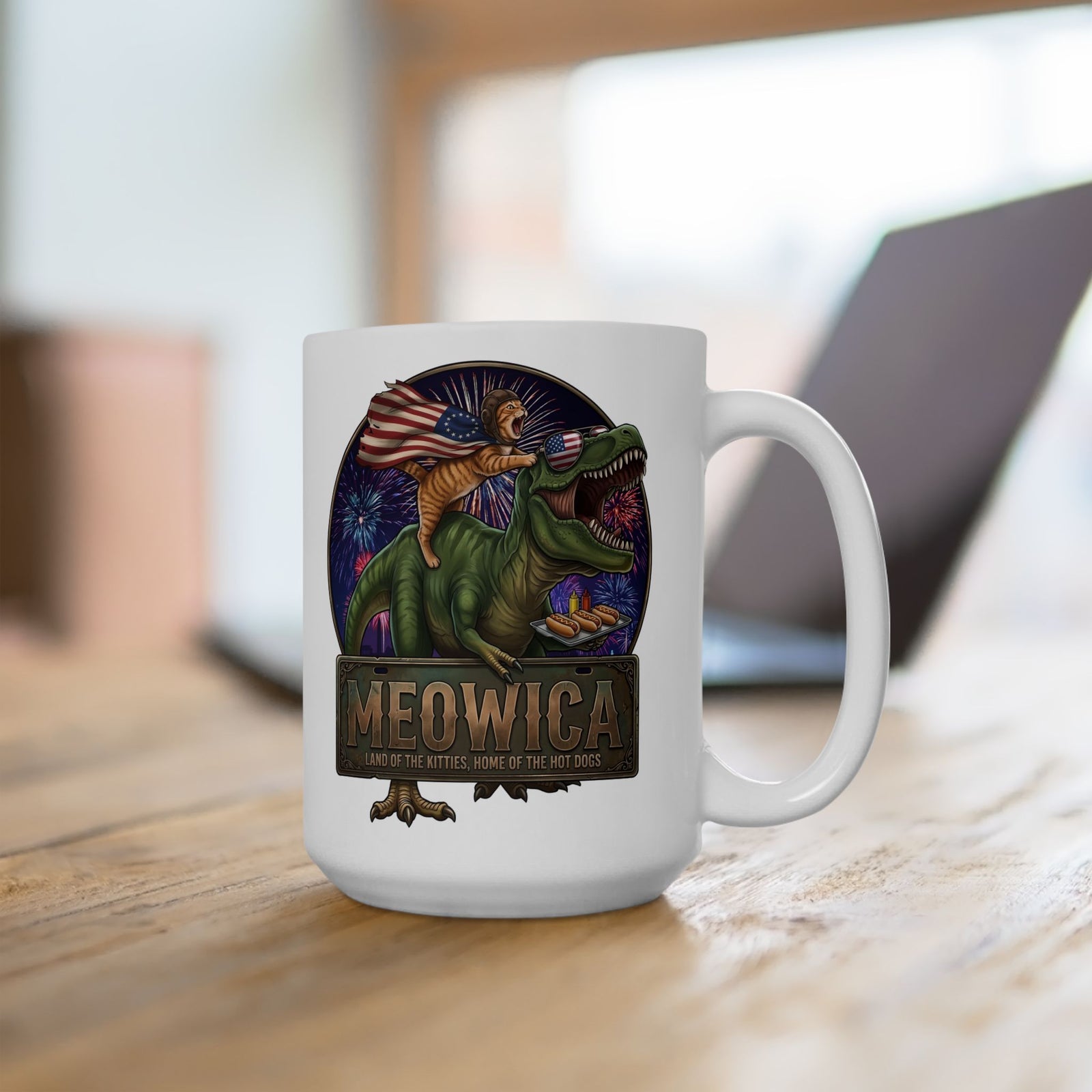 4th of July Cat Riding T‑Rex T‑Mug "Meowica: Land of the Kitties" Patriotic Graphic