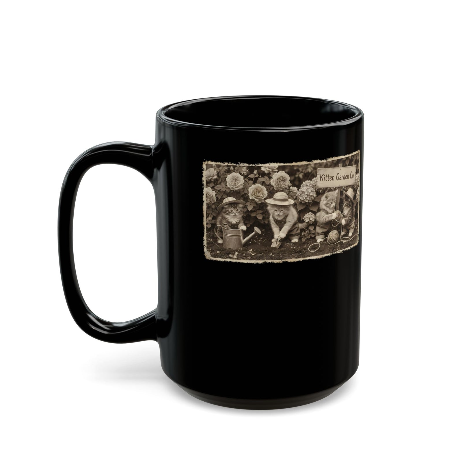 Vintage Kittens in the Garden Black Mug — Cute Floral Cat Mug