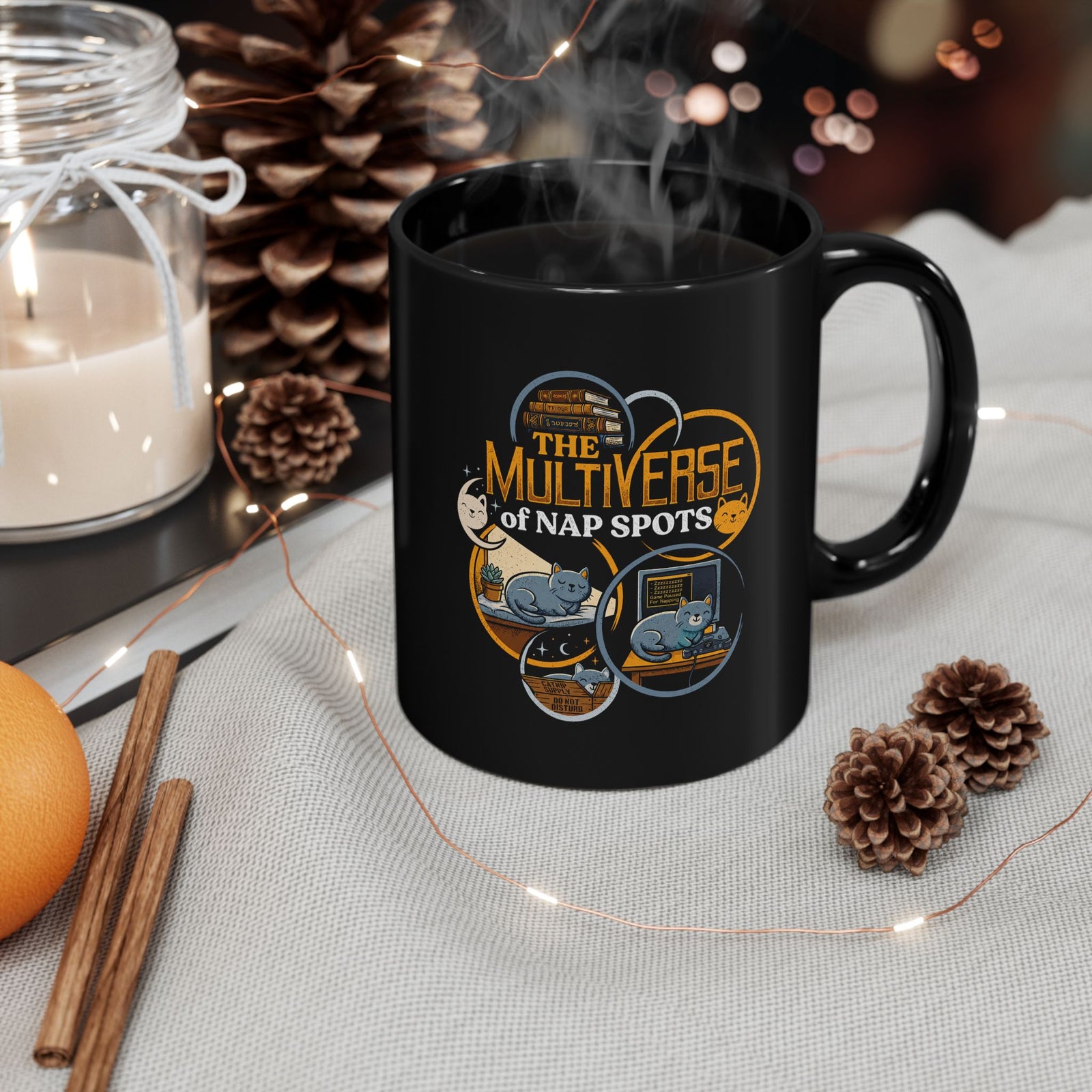 Multiverse Nap Spots Cute Cat Black Mug — Cute Cat Nap Graphic Mug