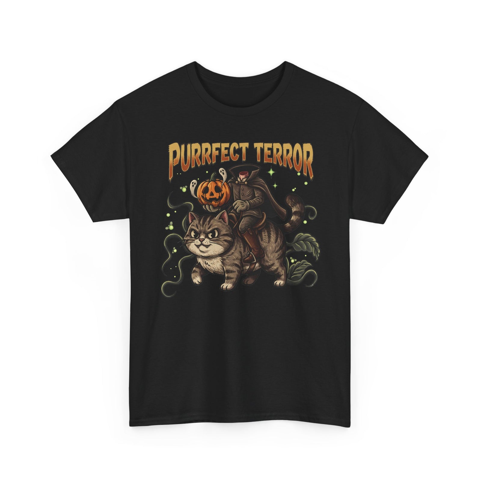 Purrfect Terror Headless Horseman Tabby Cat T-Shirt — Spooky Halloween Tee