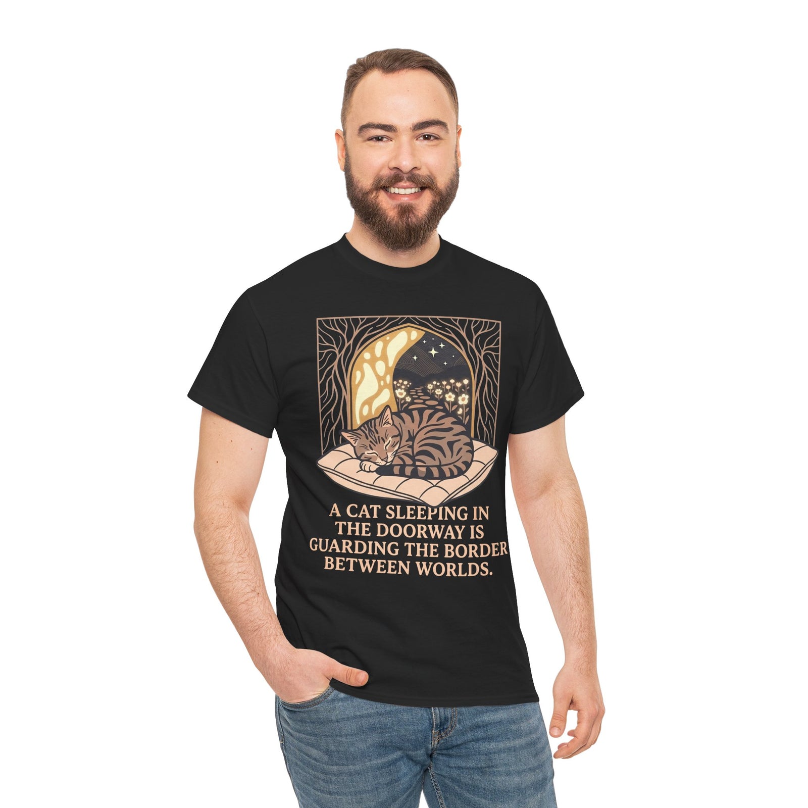 Mystical Cat Sleeping in the Doorway T-Shirt — "Guarding the Border Between Worlds"