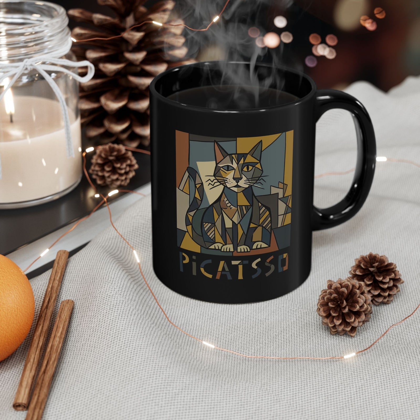 Picatsso Cat Art Black Mug — Playful Cat Picasso Design