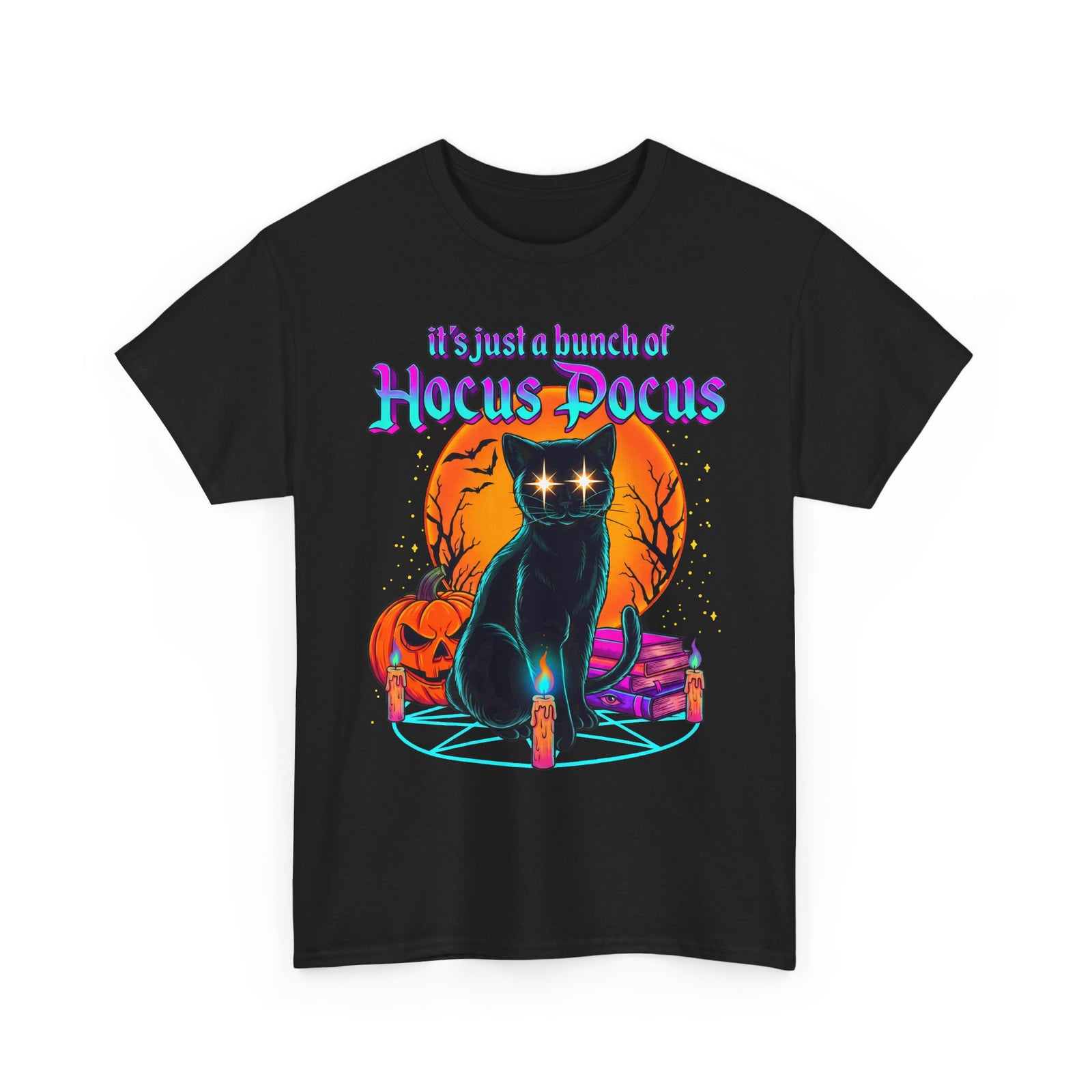 It's Just A Bunch Of Hocus Pocus Black Cat T-Shirt — Witchy Halloween Magic Tee