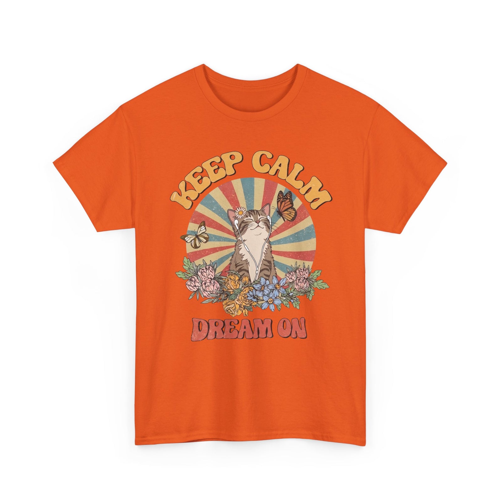 Keep Calm Dream On Cat T-Shirt — Retro 70s Hippie Feline Graphic