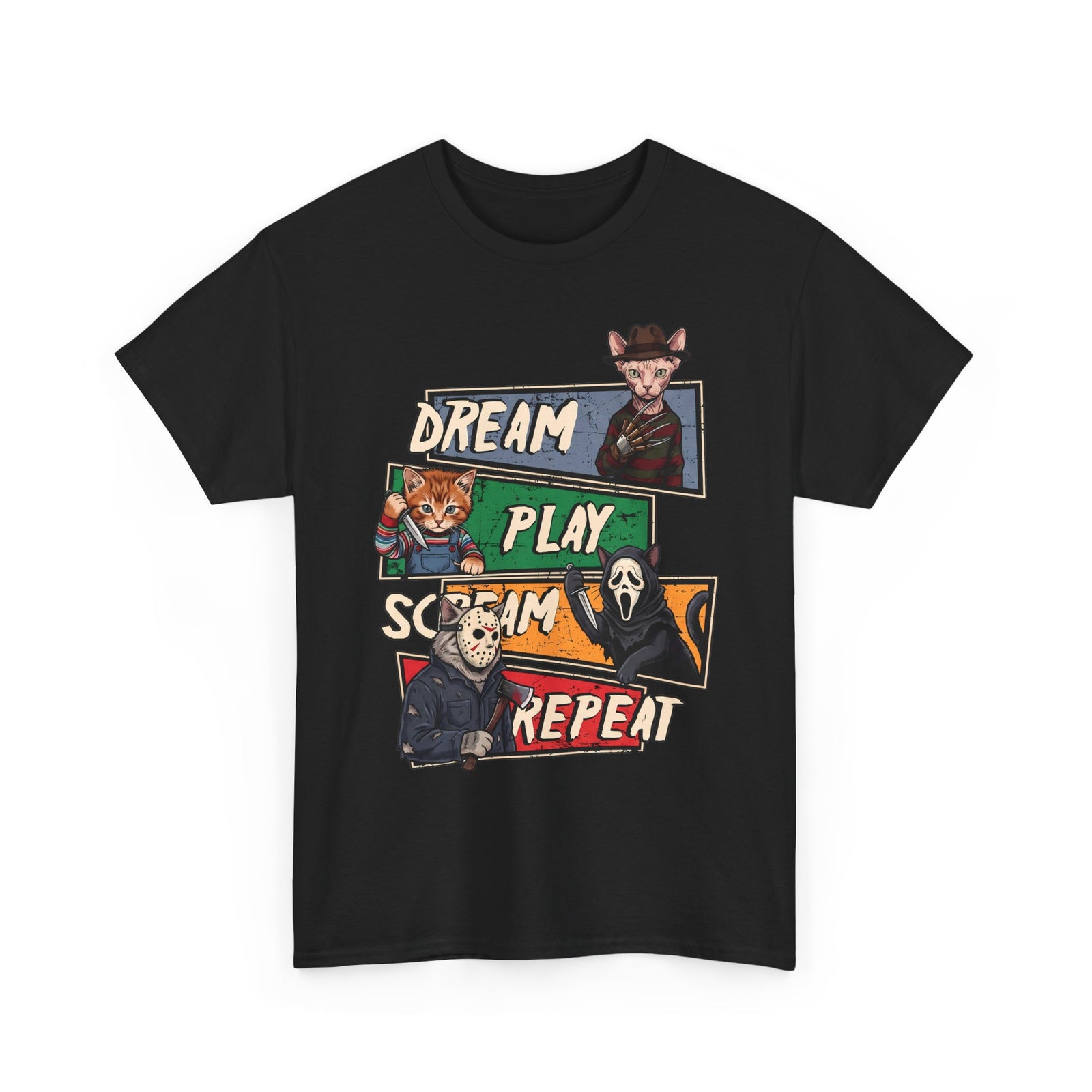 Dream Play Scream Repeat Horror Cats T-Shirt — Slasher Movie Icons Tee
