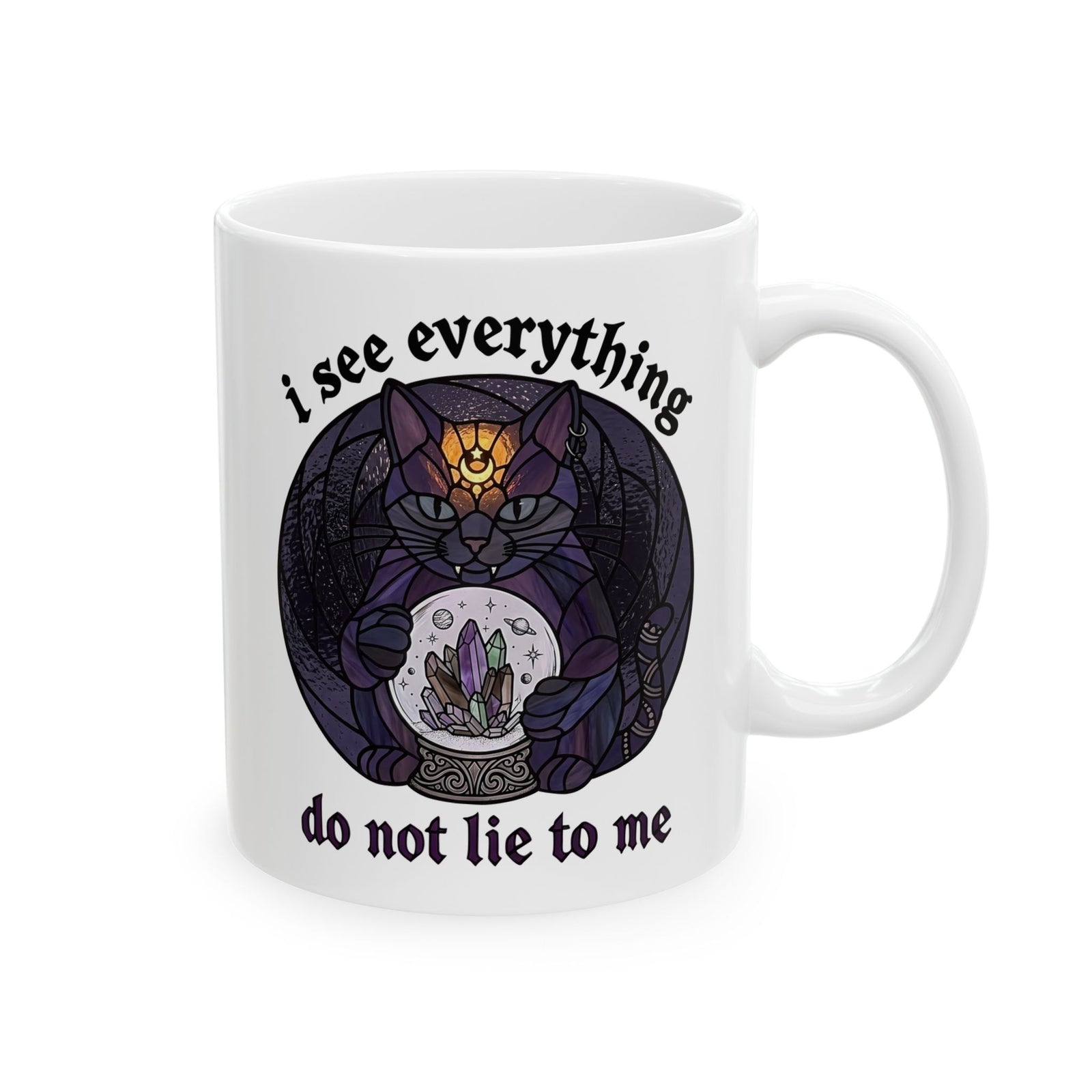 Mystic Fortune Teller Cat Ceramic Mug "I See Everything" Stained Glass Spiritual Kitten
