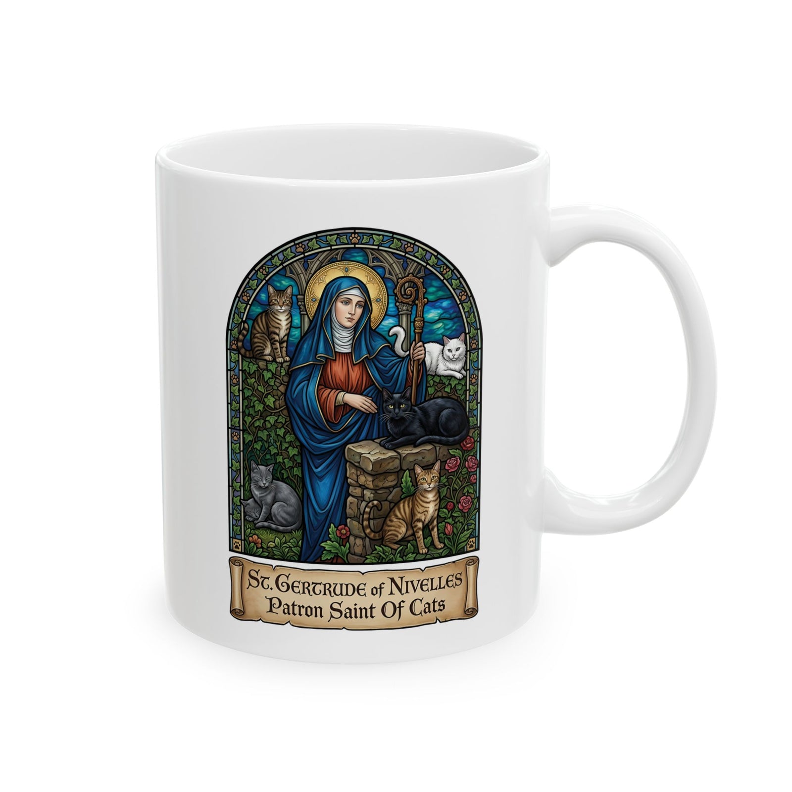 Saint Gertrude of Nivelles Cat Patron Ceramic Mug — Patron Saint of Cats Mug