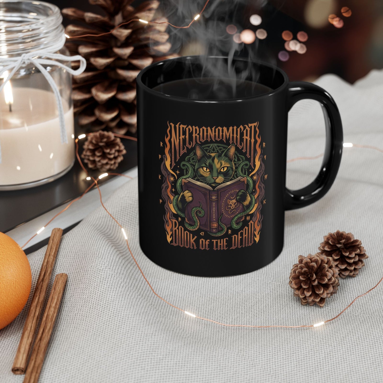 Necronomicat Occult Cat Black Mug — Dark Mystic Graphic Mug