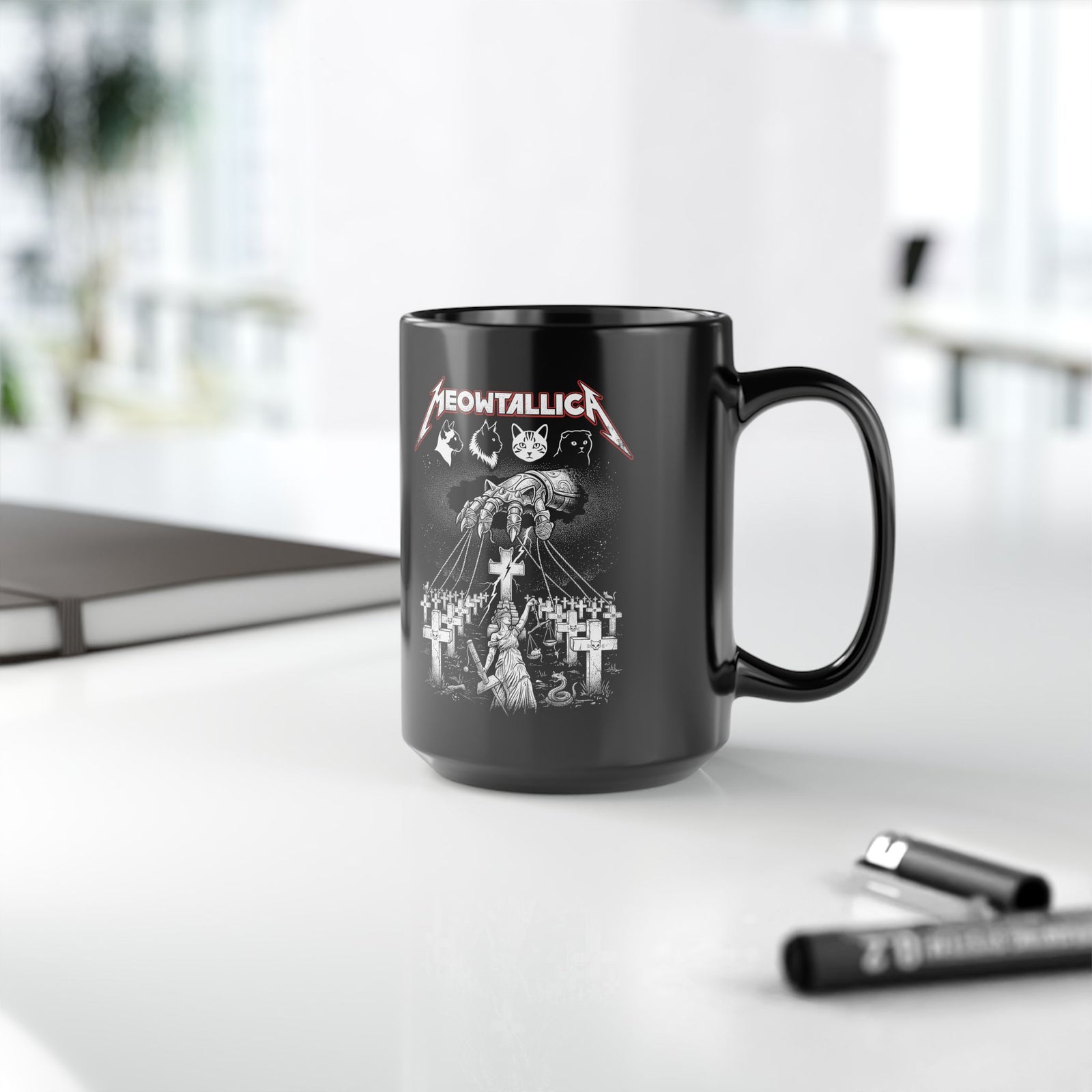 Meowtallica Graphic Mug — Metal Cat Band Black Mug