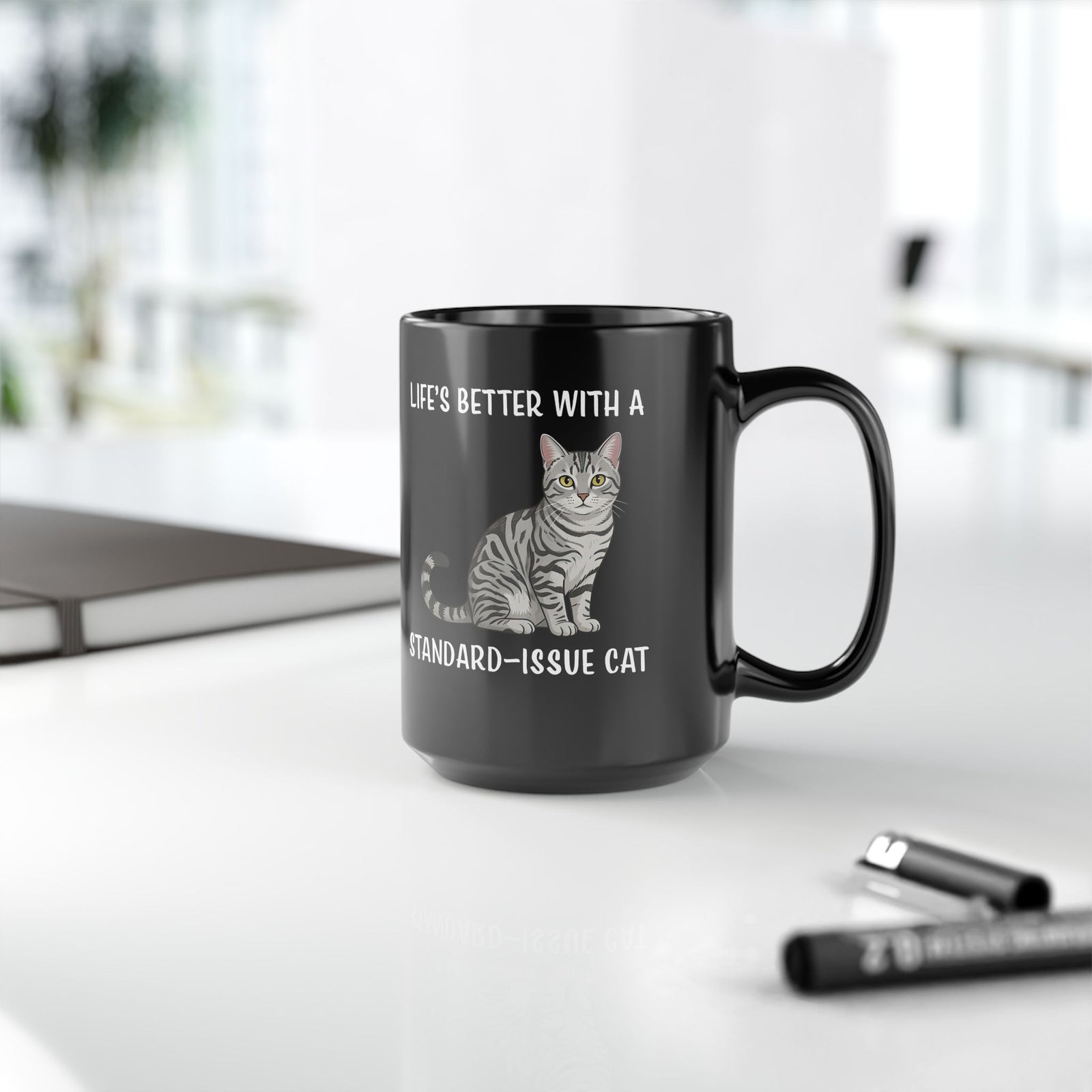 Standard Issue Cat Black Mug Cute Graphic Cat Mug