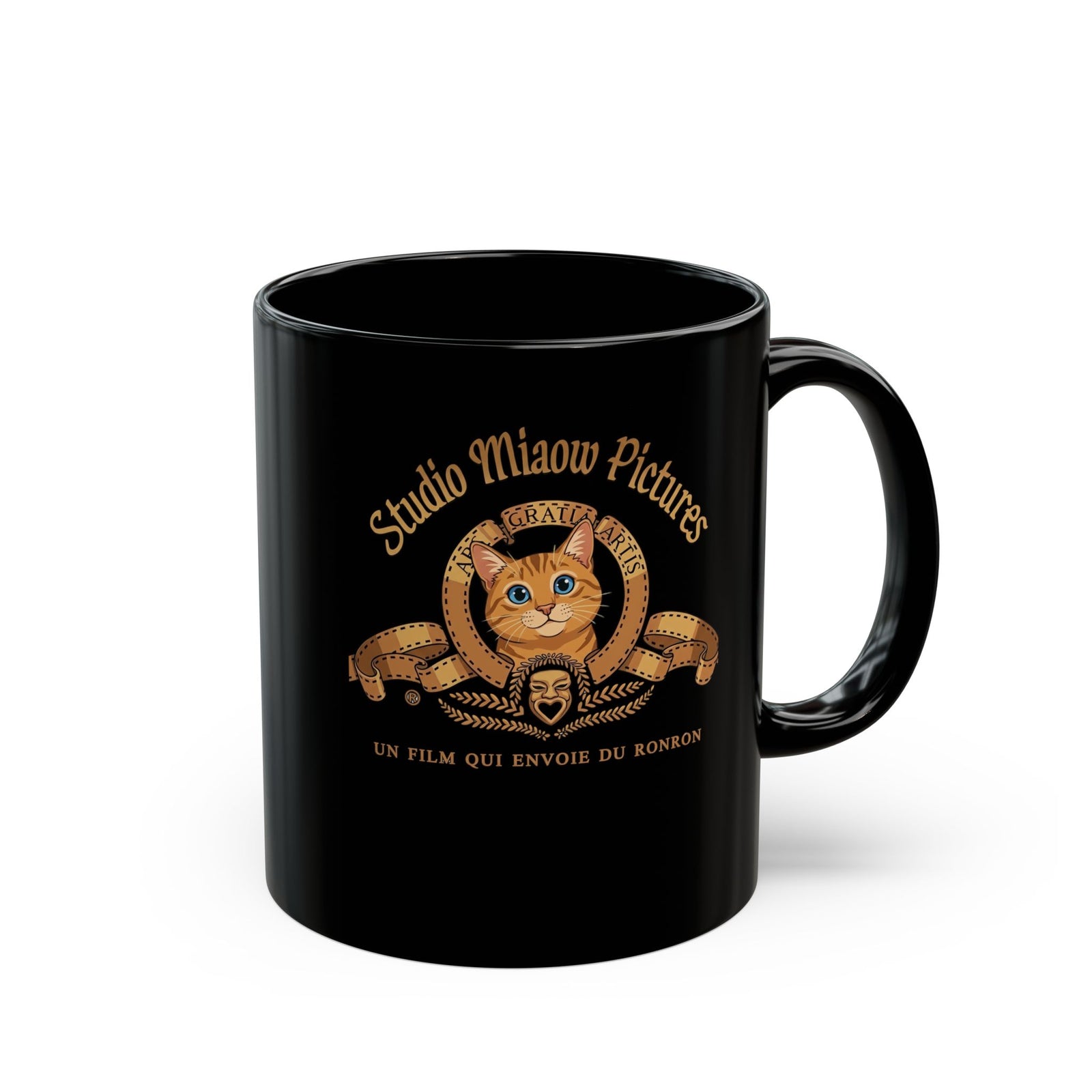 Retro Movie Lion Parody Cat Black Mug — Studio Miaow Pictures