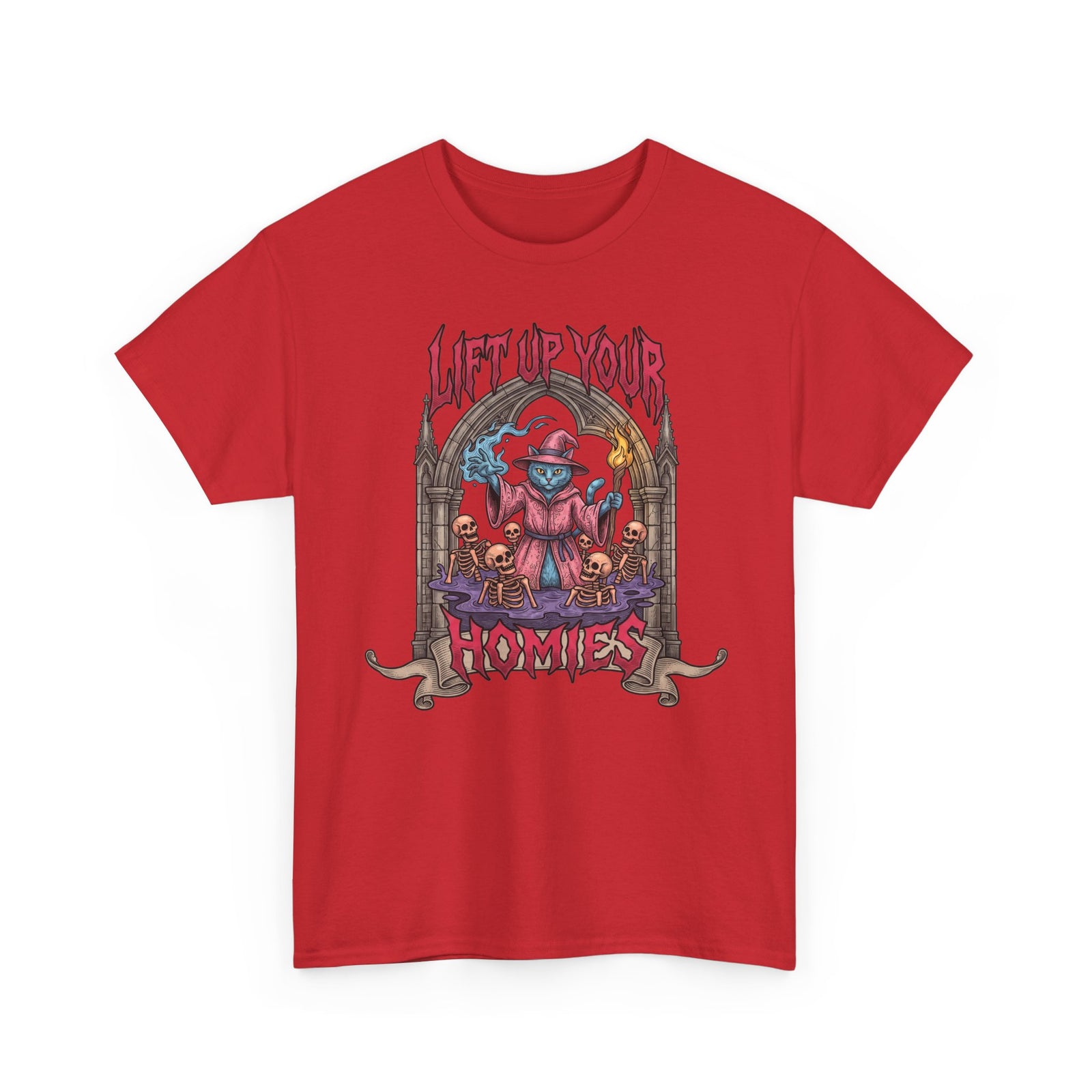 Lift Up Your Homies Wizard Cat T-Shirt — Necromancer Skeleton Feline Tee