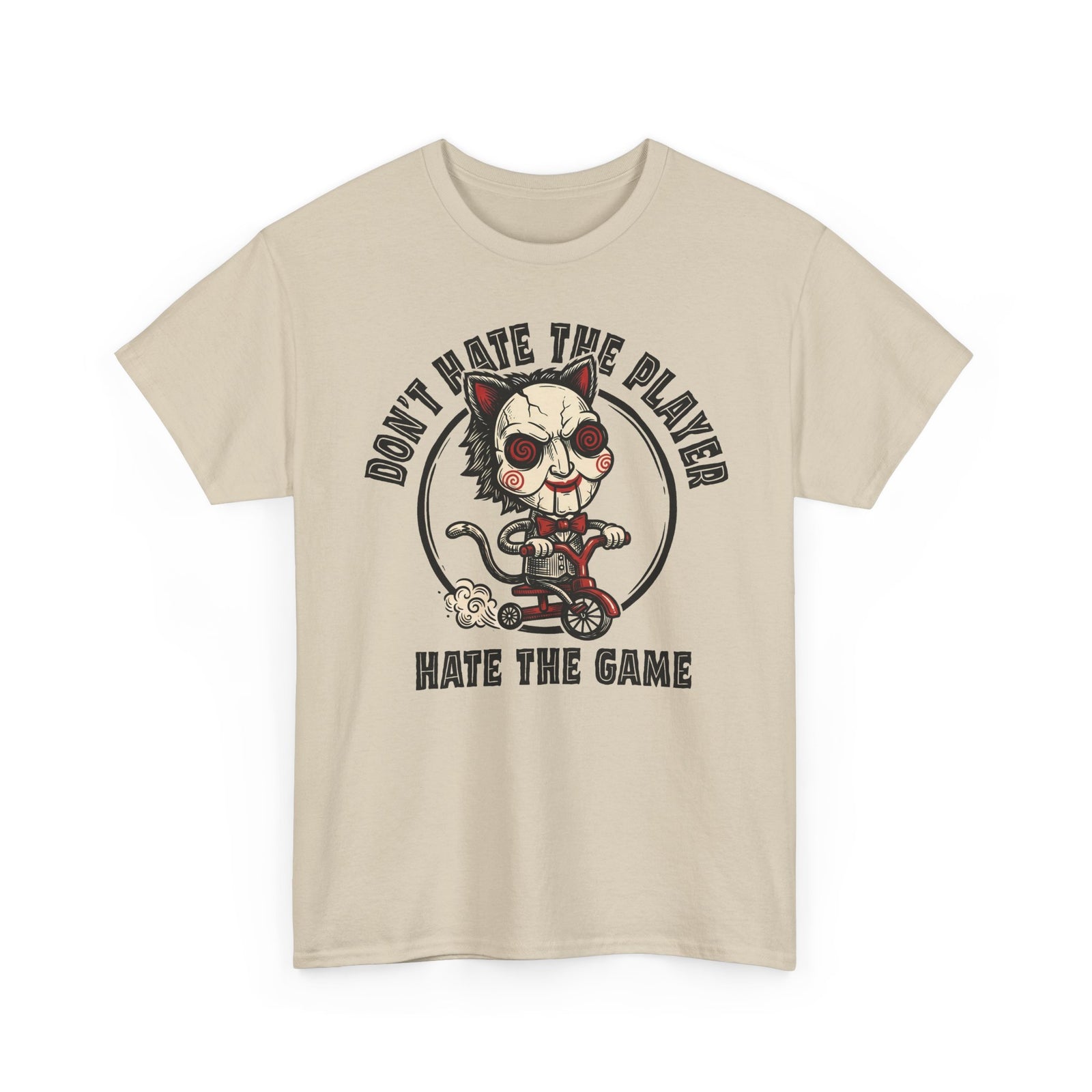 Don't Hate The Player Hate The Game SAW Cat T-Shirt — Funny Jigsaw Puppet Tee