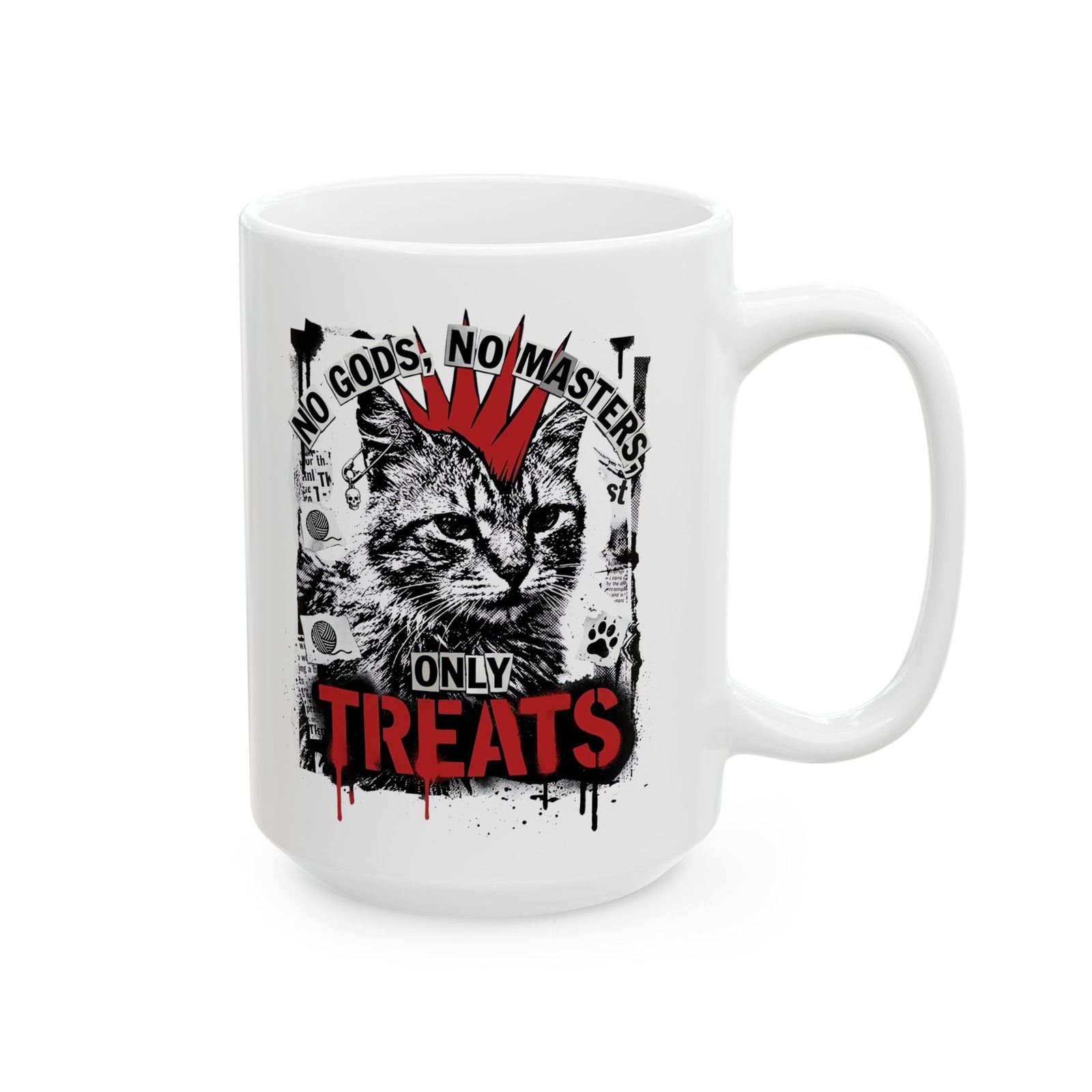 Punk Cat Mug — “No Gods No Masters, Only Treat” Graphic Ceramic Mug
