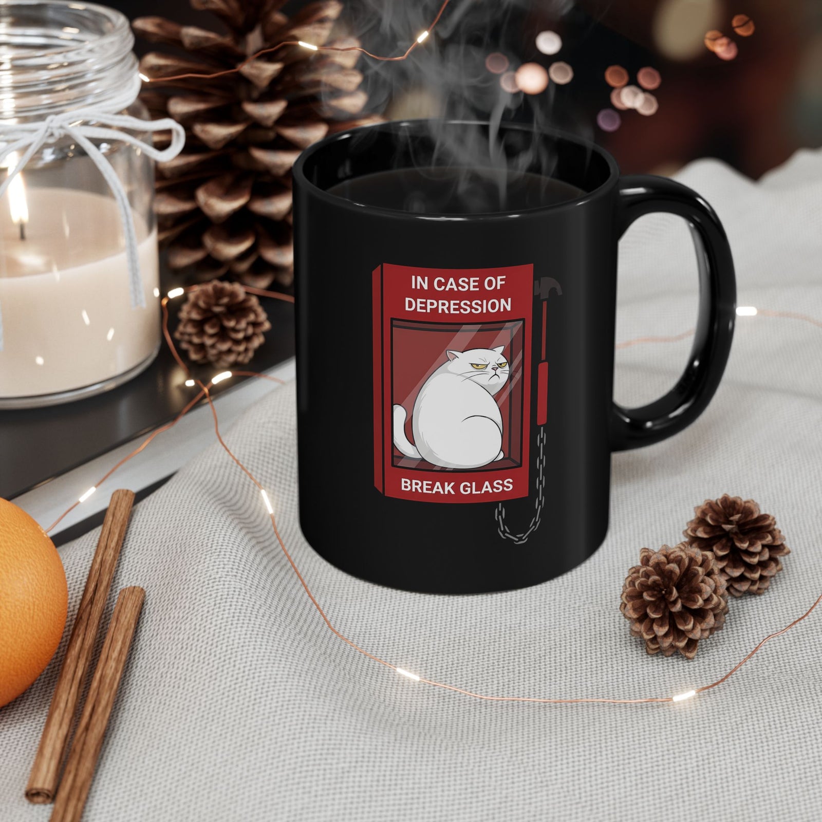 In Case Of Depression Break Glass Black Mug — Funny Grumpy White Cat Emergency Mug