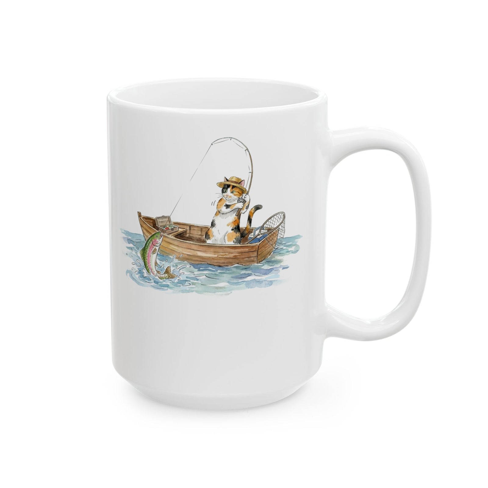 Cat Fishing Ceramic Mug — Funny Fishing Cat Graphic Mug