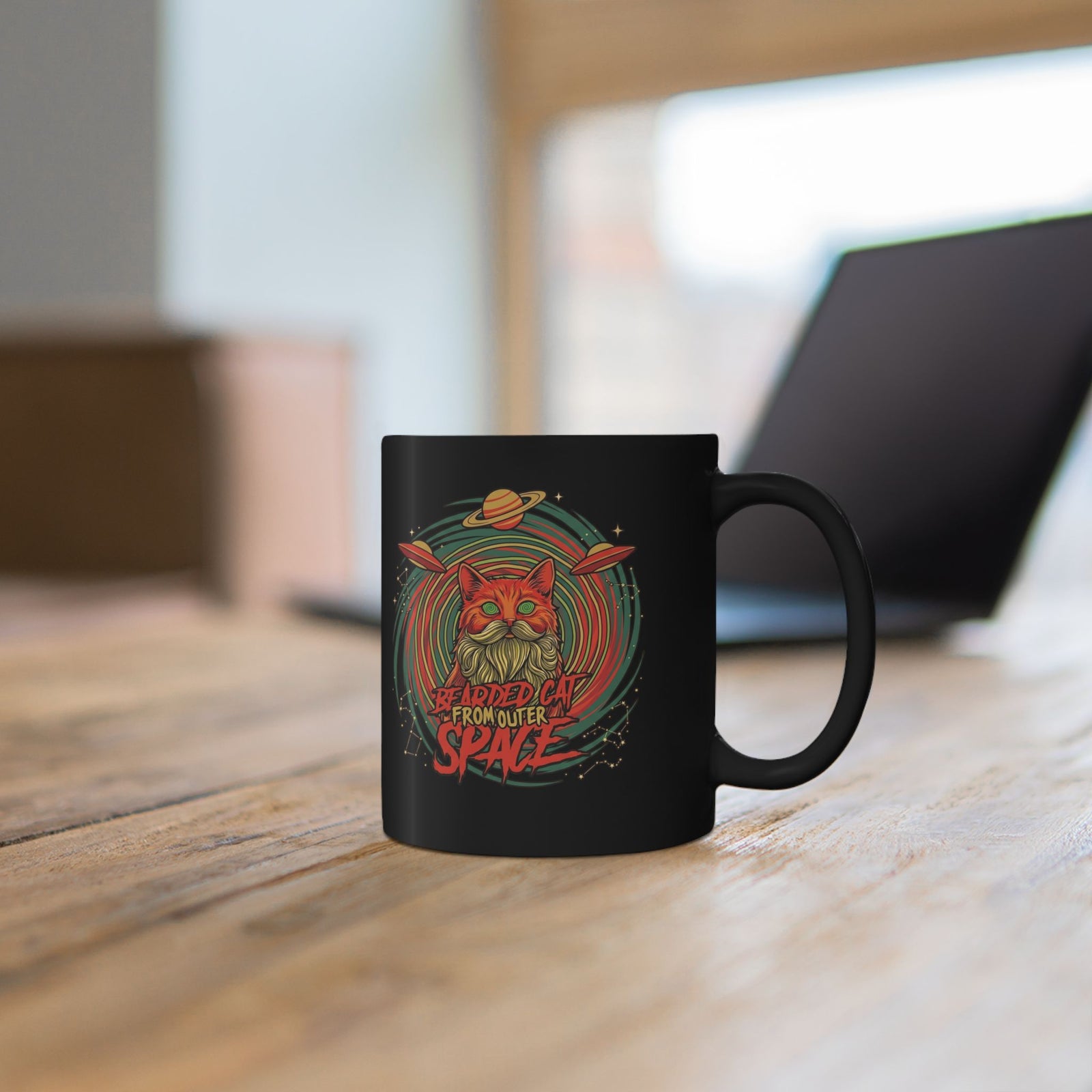 Bearded Cat from Outer Space Black Mug