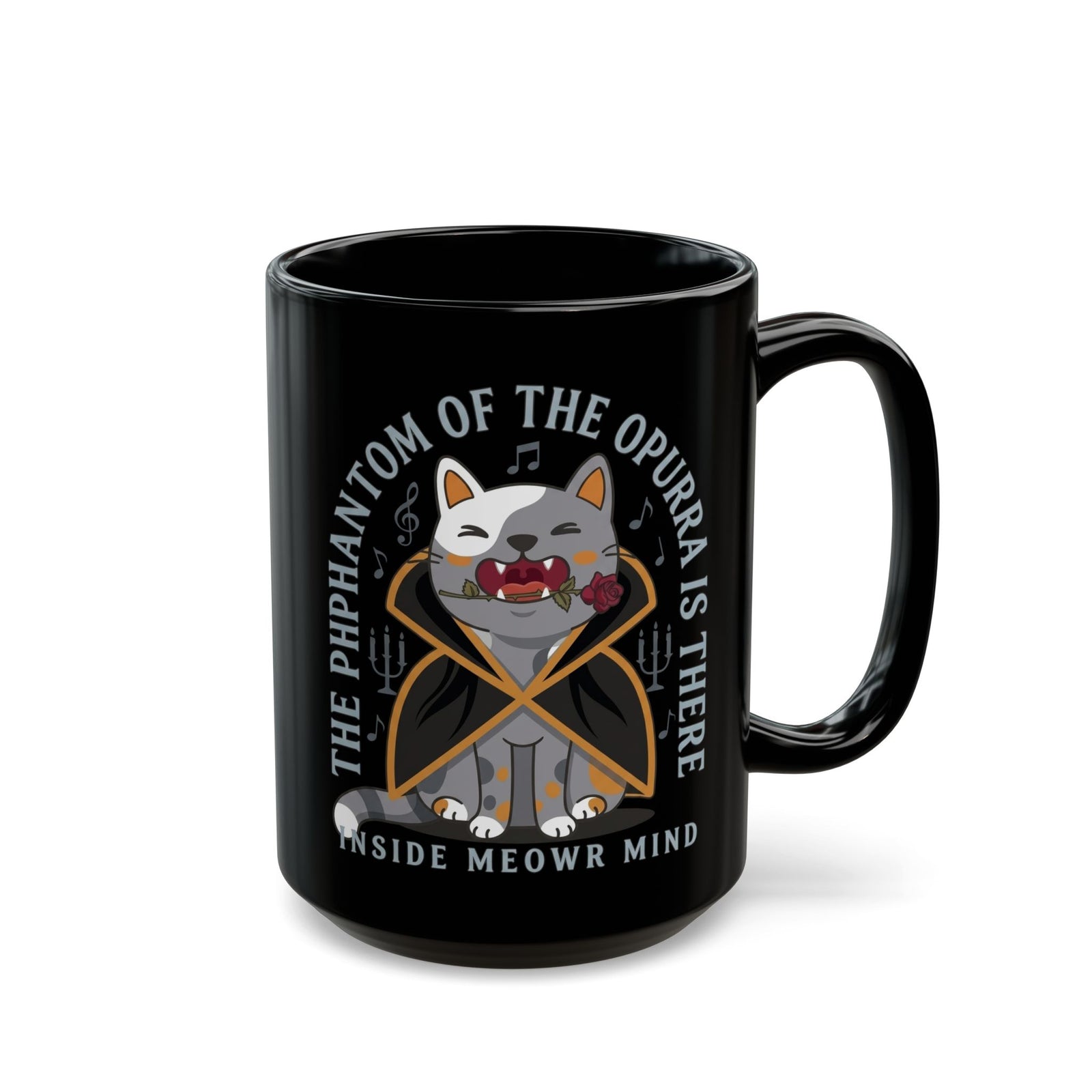 Phantom of the Opurra Black Mug — Cat Musical Parody Mug