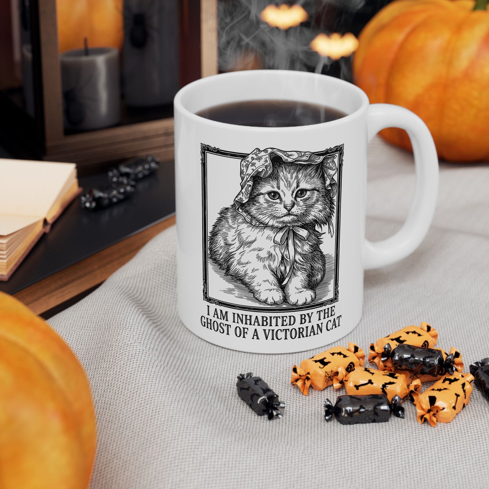 Victorian Cat Mug — “I Am Inhabited by the Ghost of a Victorian Cat” Graphic Mug