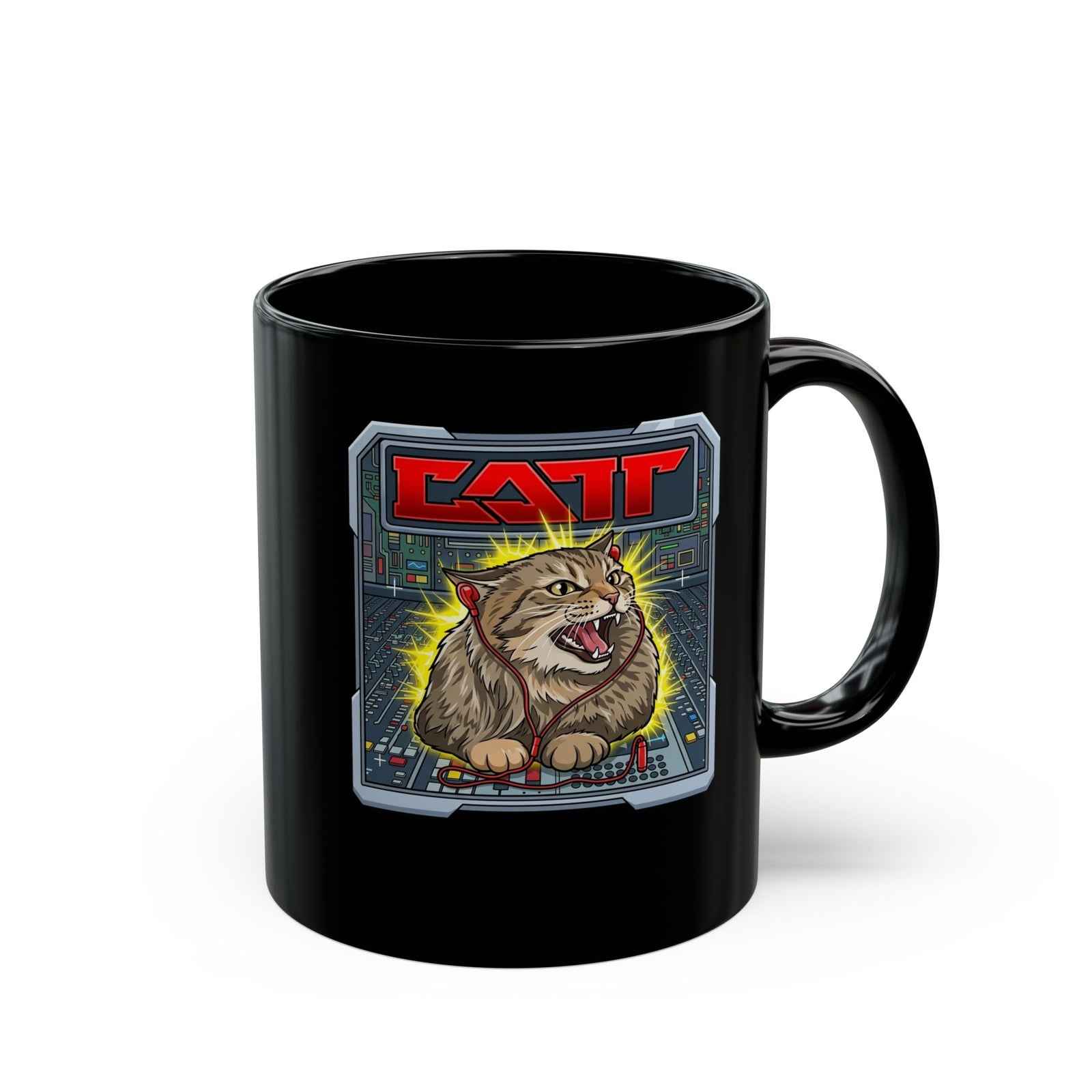 80s Hair Metal Cat Black Mug — Vintage Rock Cat Graphic Mug